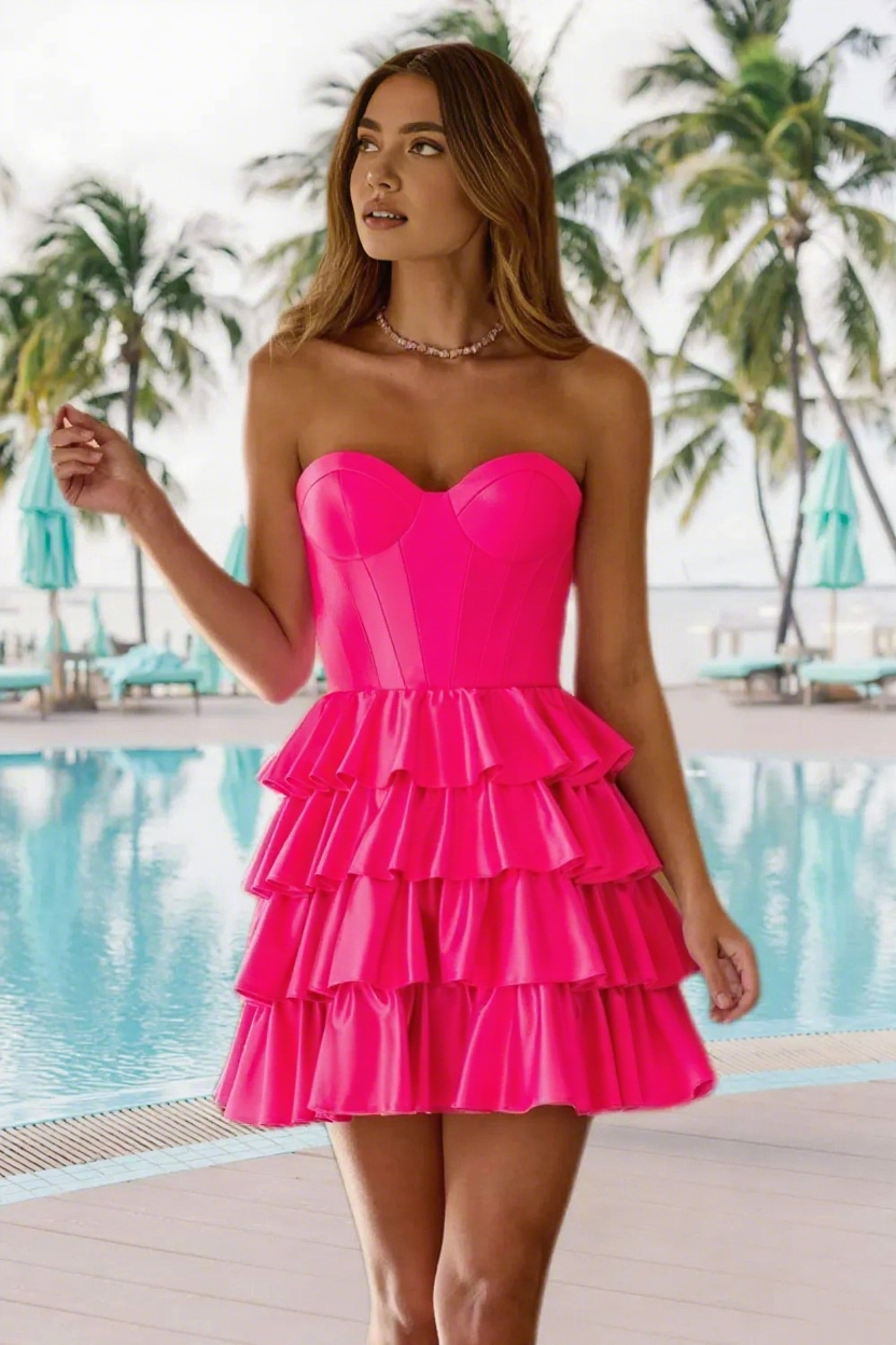 Dressime A Line Strapless Stretch Satin Ruffled Tiered Mini Homecoming Dress