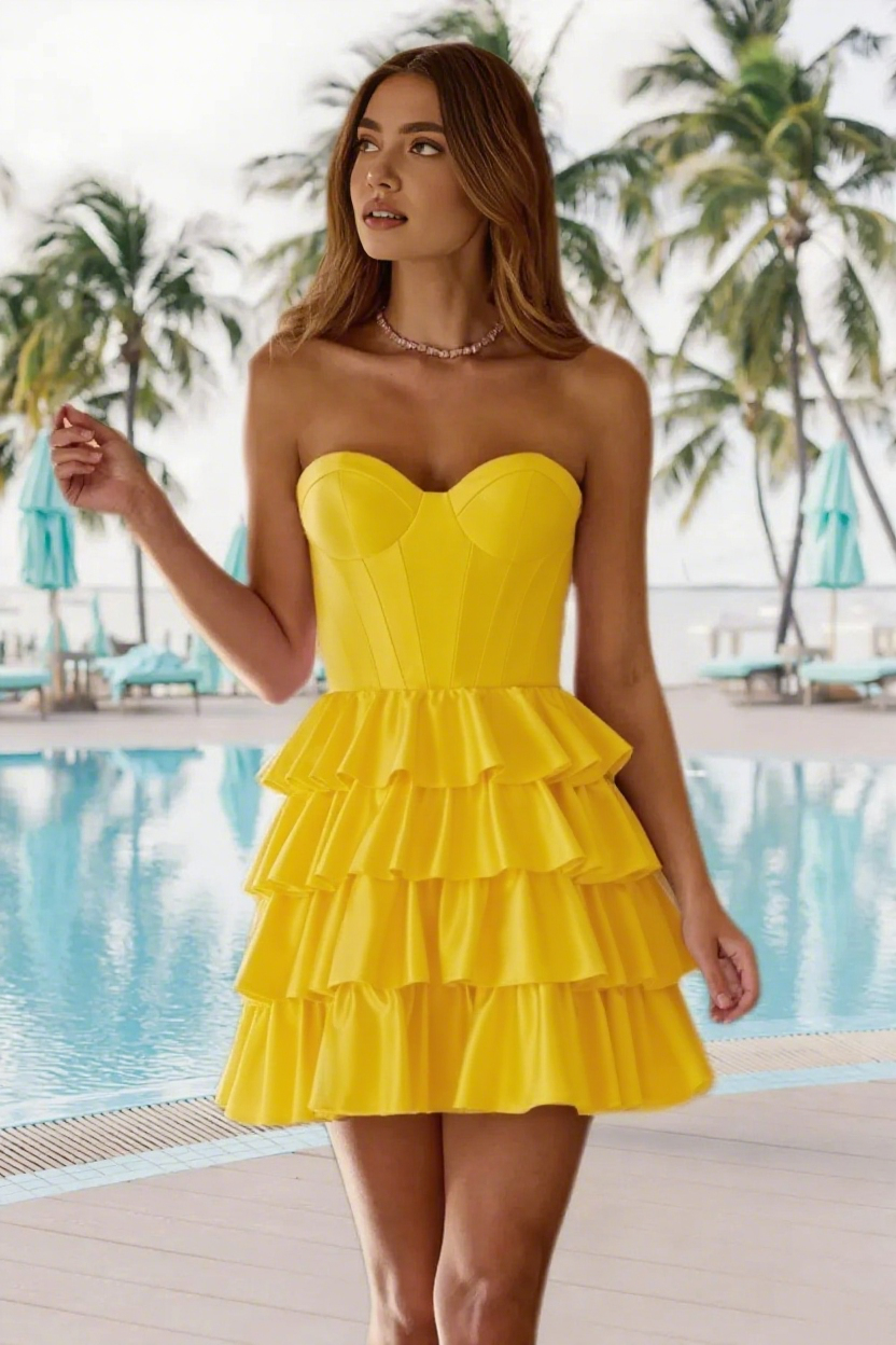 Dressime A Line Strapless Stretch Satin Ruffled Tiered Mini Homecoming Dress