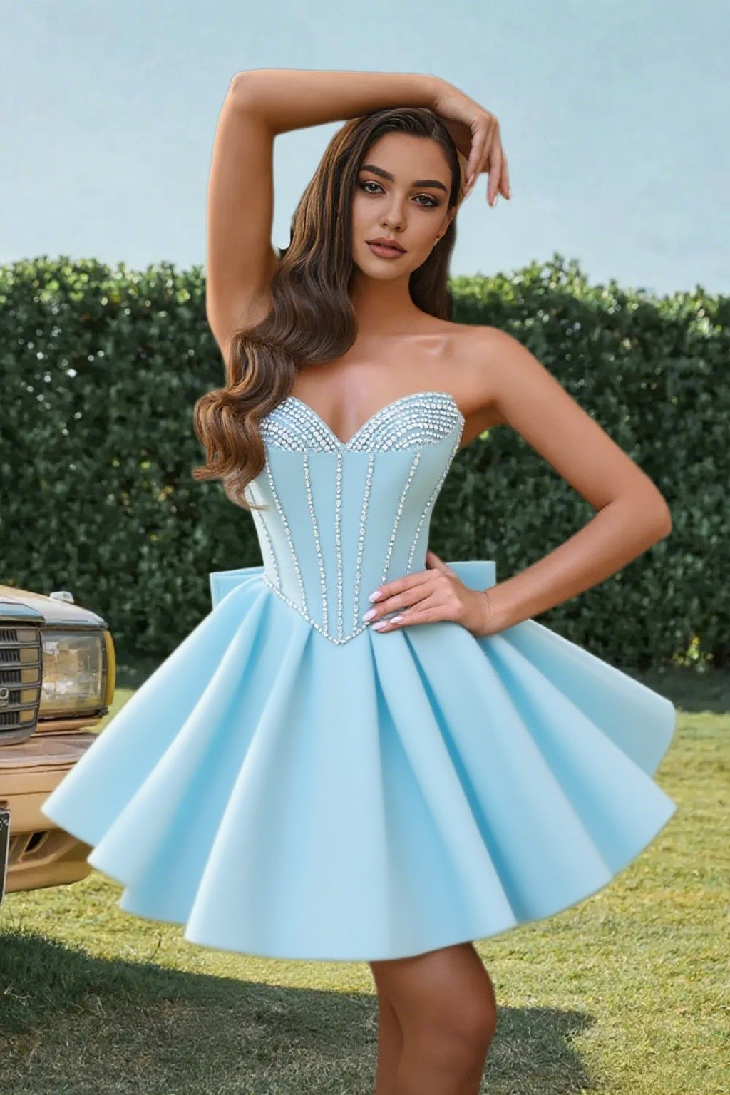 Dressime A Line Sweetheart Beaded Corset Bow Sain Mini Homecoming Dress