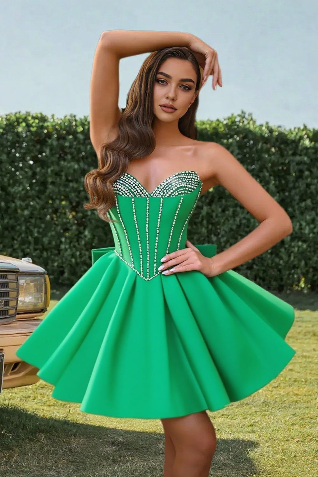 Dressime A Line Sweetheart Beaded Corset Bow Sain Mini Homecoming Dress