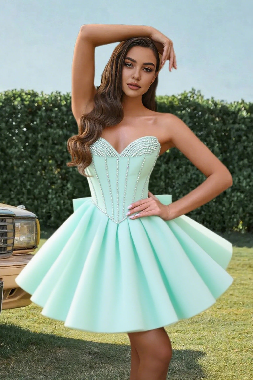 Dressime A Line Sweetheart Beaded Corset Bow Sain Mini Homecoming Dress