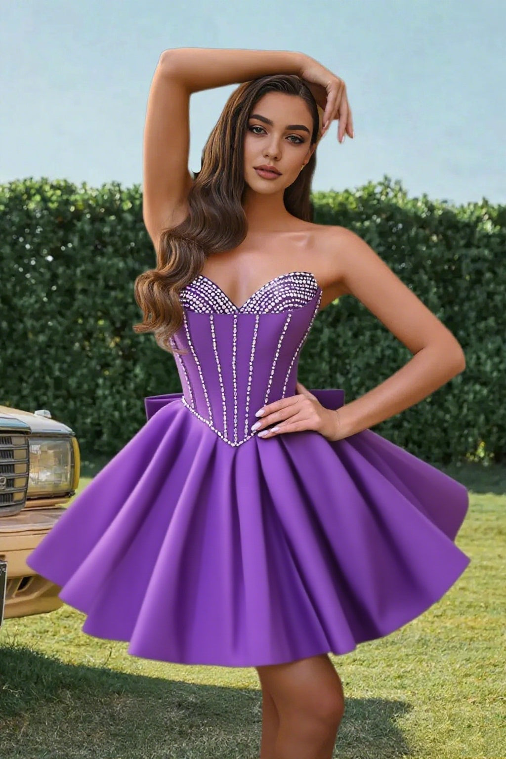 Dressime A Line Sweetheart Beaded Corset Bow Sain Mini Homecoming Dress