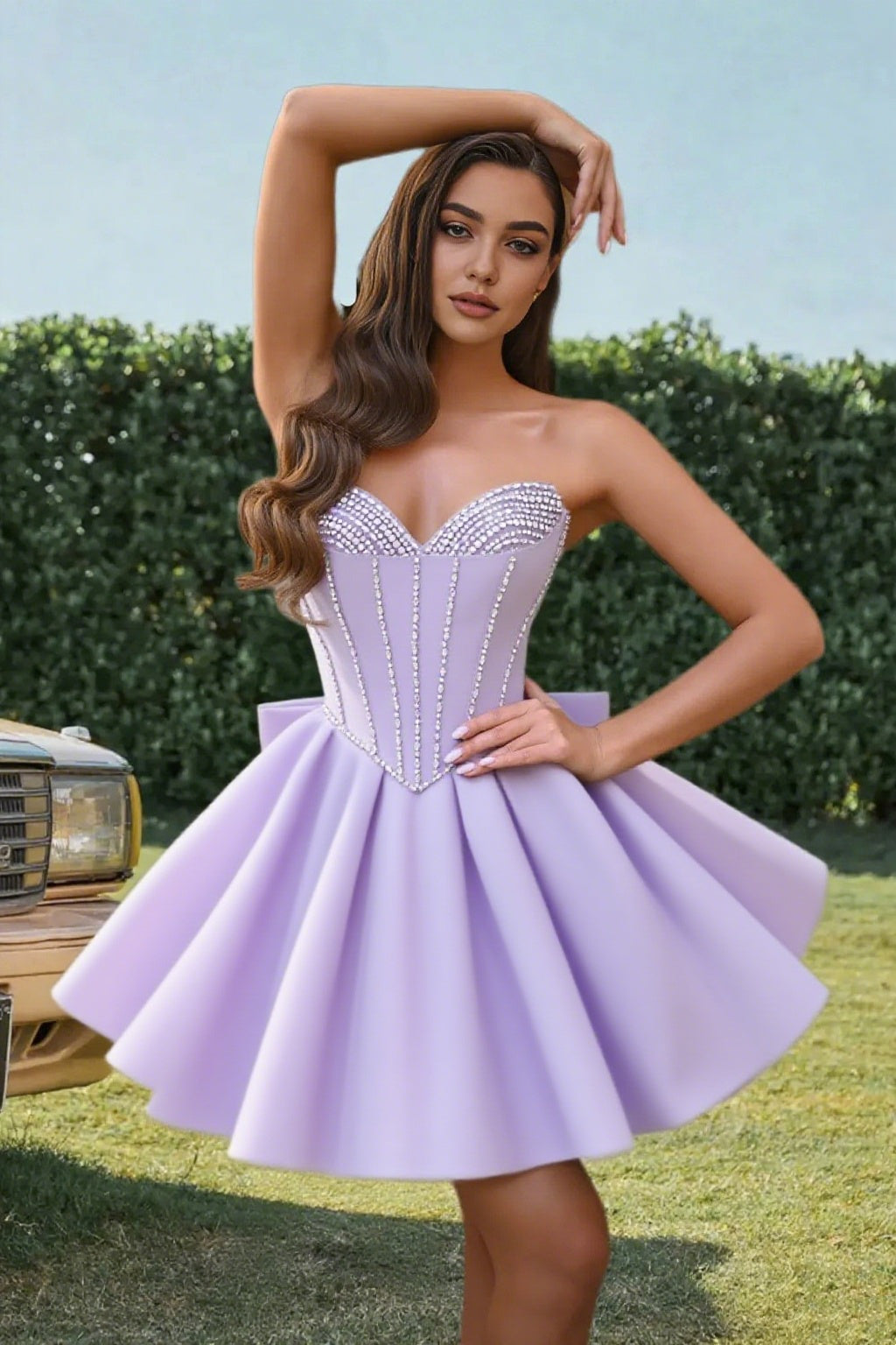 Dressime A Line Sweetheart Beaded Corset Bow Sain Mini Homecoming Dress