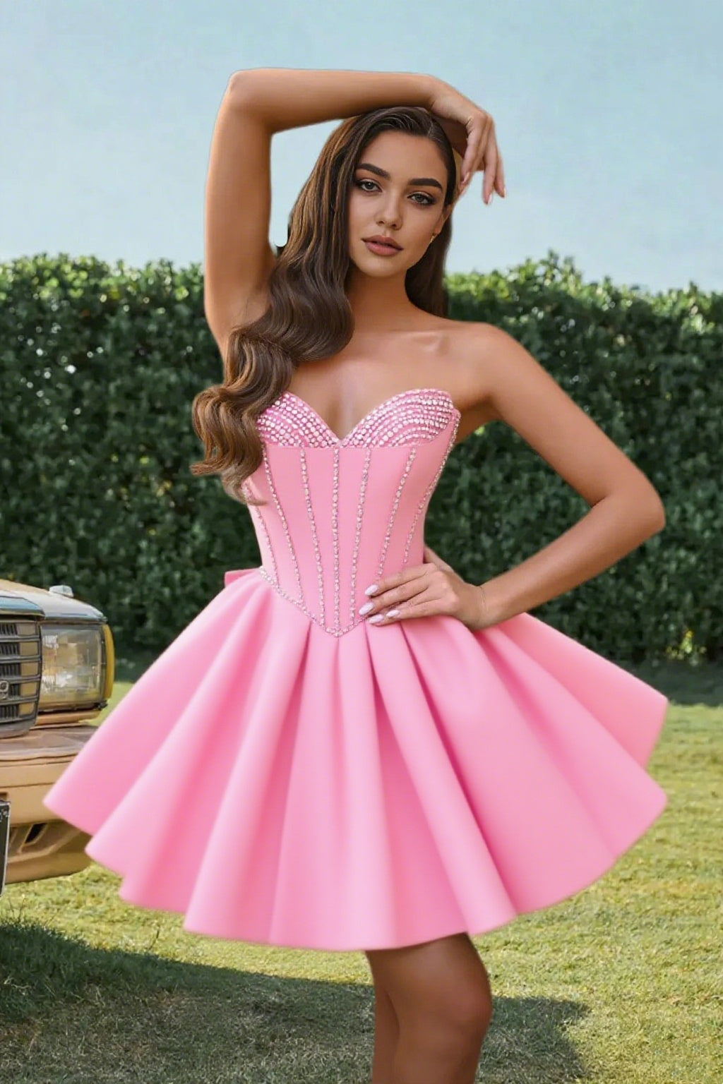 Dressime A Line Sweetheart Beaded Corset Bow Sain Mini Homecoming Dress