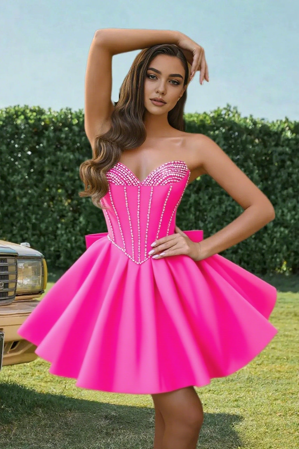Dressime A Line Sweetheart Beaded Corset Bow Sain Mini Homecoming Dress