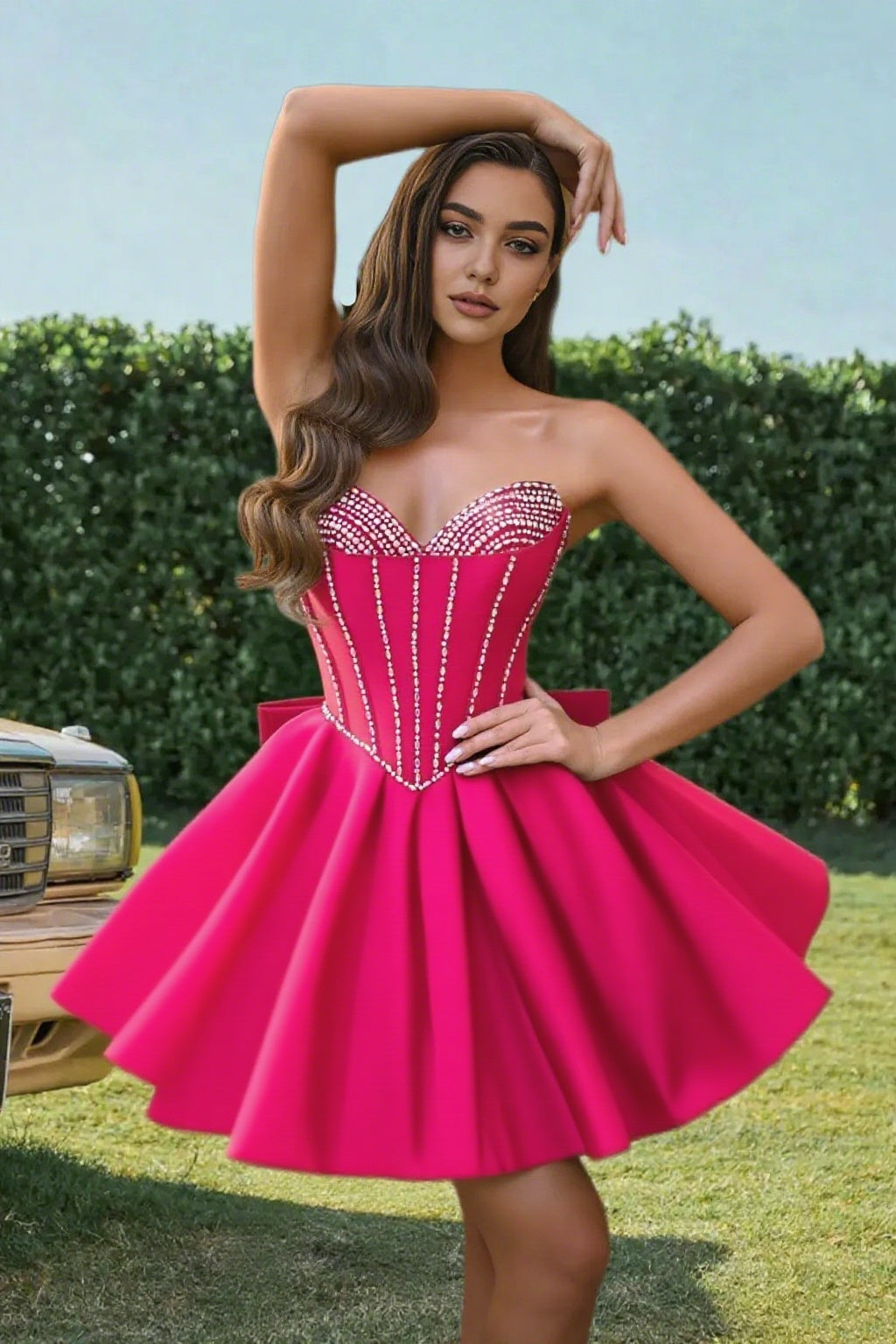 Dressime A Line Sweetheart Beaded Corset Bow Sain Mini Homecoming Dress