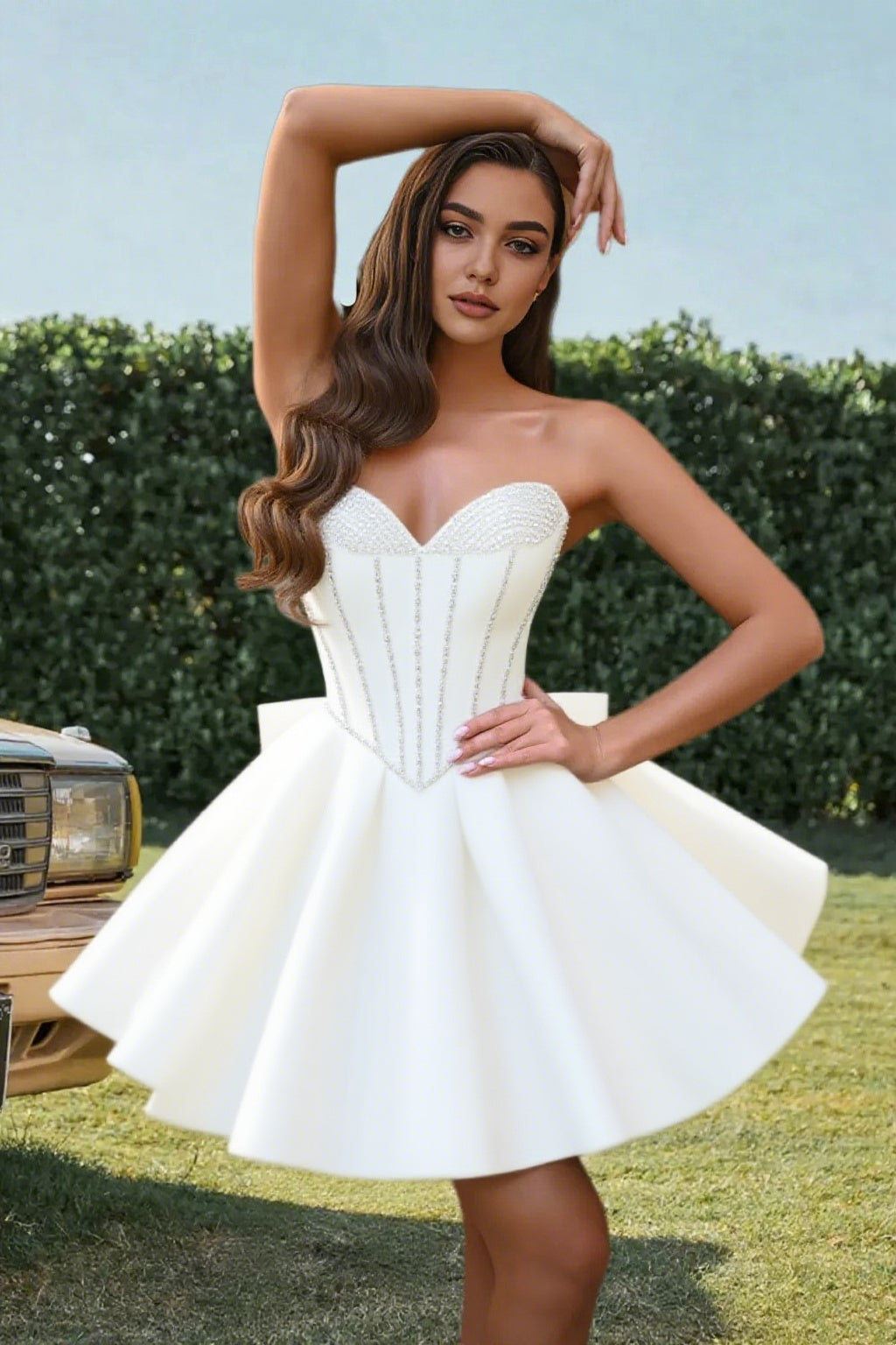 Dressime A Line Sweetheart Beaded Corset Bow Sain Mini Homecoming Dress
