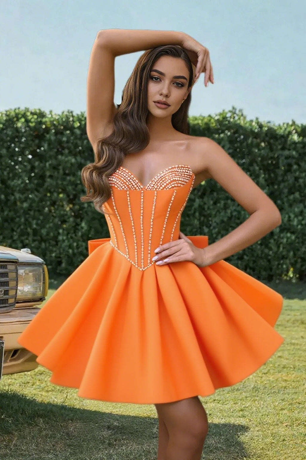 Dressime A Line Sweetheart Beaded Corset Bow Sain Mini Homecoming Dress
