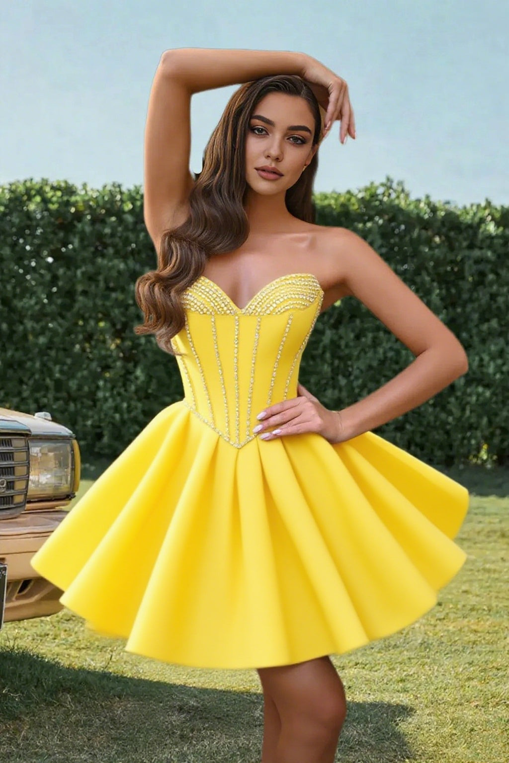 Dressime A Line Sweetheart Beaded Corset Bow Sain Mini Homecoming Dress