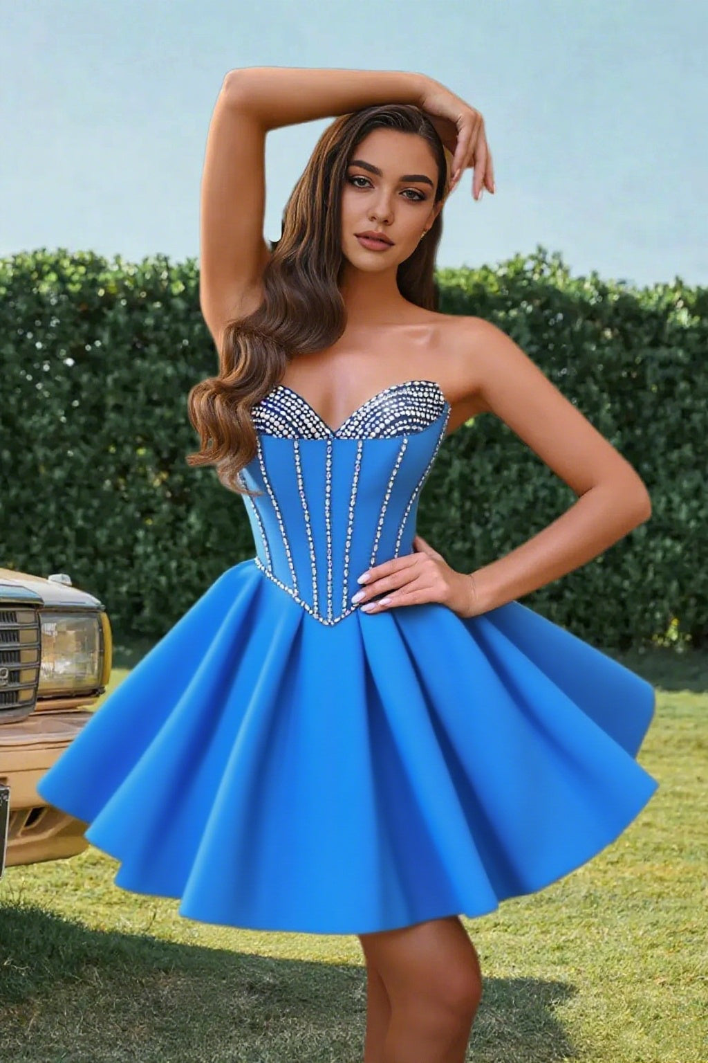 Dressime A Line Sweetheart Beaded Corset Bow Sain Mini Homecoming Dress