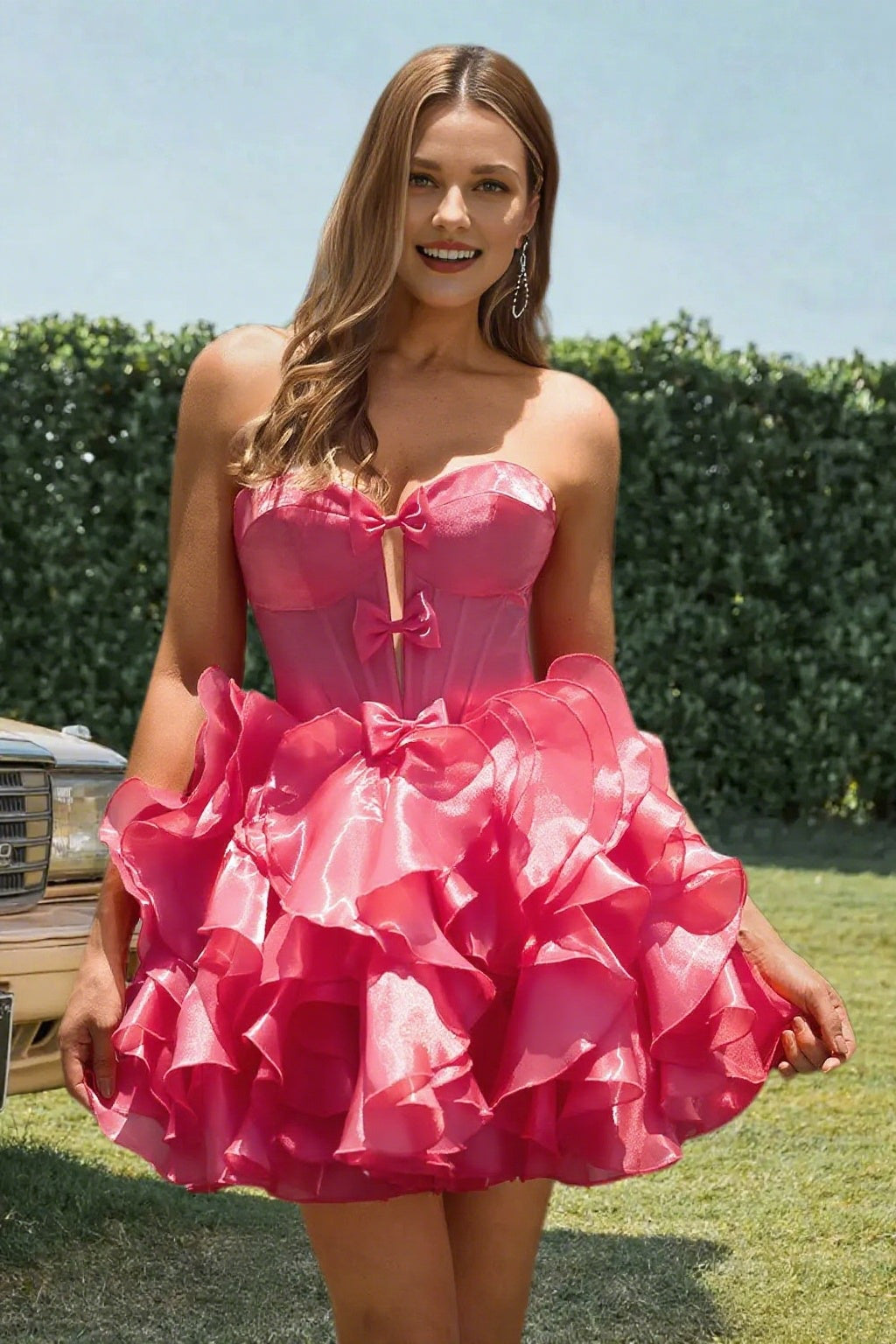 Dressime A Line Sweetheart Bow Corset Tiered Mini Homecoming Dress
