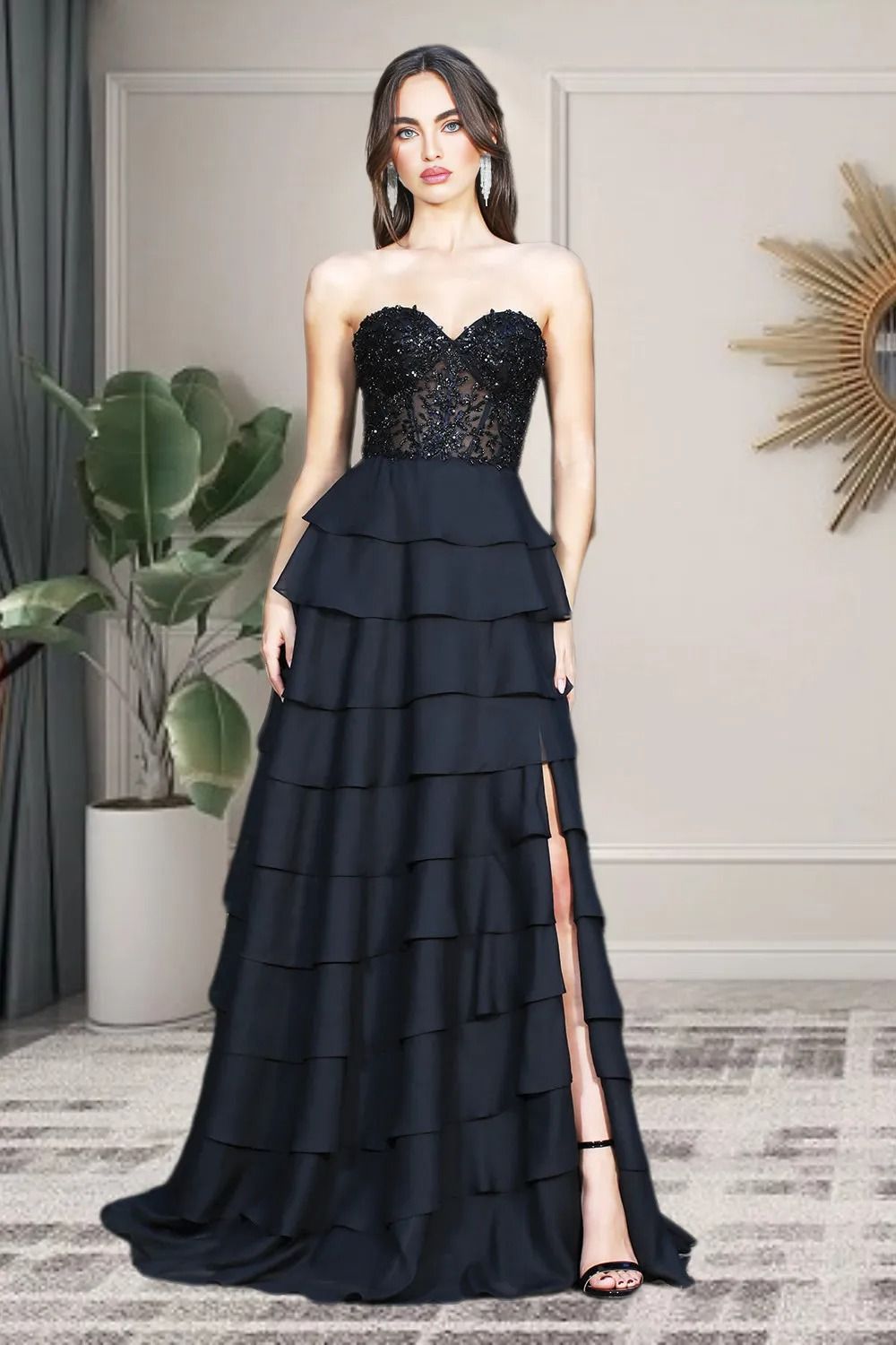 Dressime Women Black Prom Dress A Line Sweetheart Chiffon Tiered Slit Long Formal Dress With Sequin Appliques dressime Dressime Women Black Prom Dress A Line Sweetheart Chiffon Tiered Slit Long Formal Dress With Sequin Appliques dressime