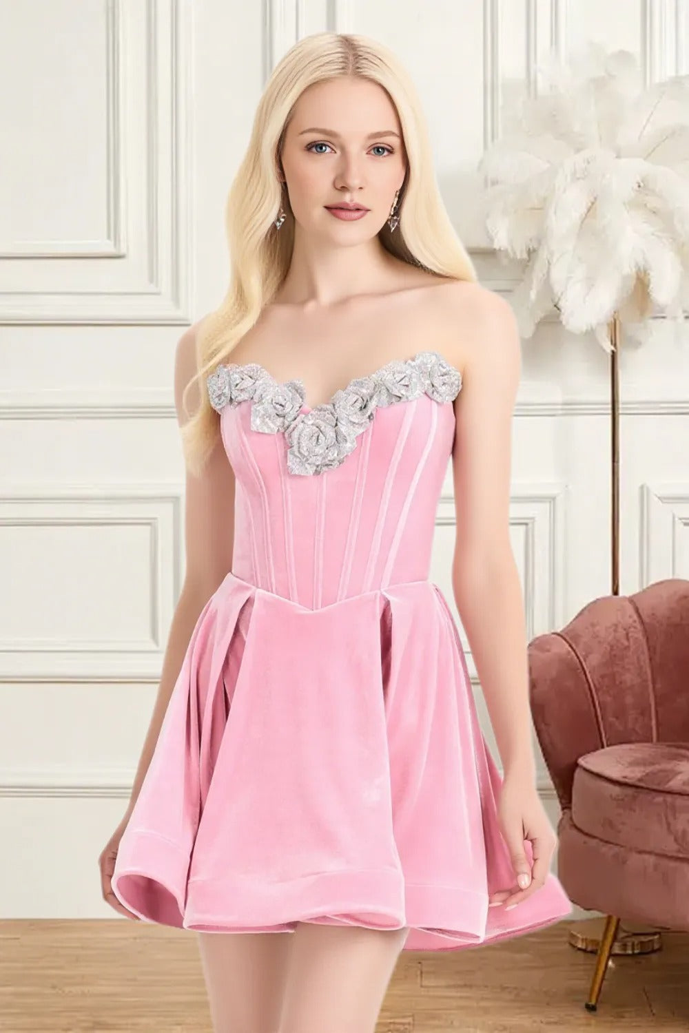 Dressime Woman's Short Pink Homecoming Dress A Line Sweetheart Corset 3D Flowers Mini Cocktail Dress dressime Dressime Woman's Short Pink Homecoming Dress A Line Sweetheart Corset 3D Flowers Mini Cocktail Dress dressime