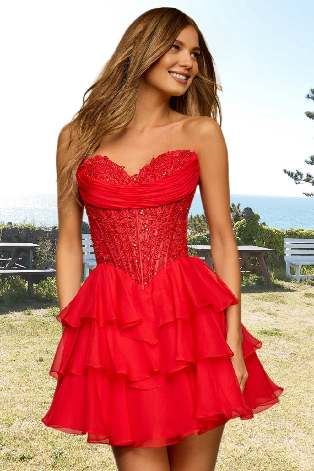 Dressime A Line Sweetheart Lace Appliques Chiffon Tiered Mini Homecoming Dress