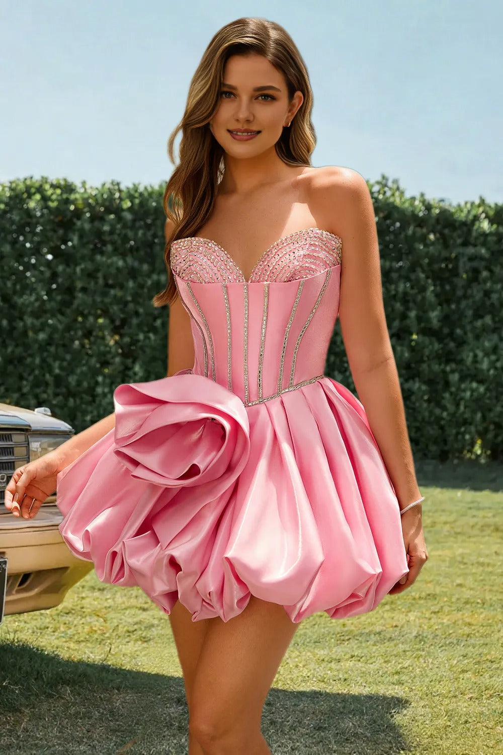 Dressime A Line Sweetheart Satin Rhinestones Bubble Mini Homecoming Dress