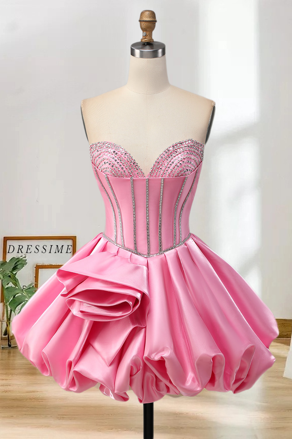 Dressime A Line Sweetheart Satin Rhinestones Bubble Mini Homecoming Dress