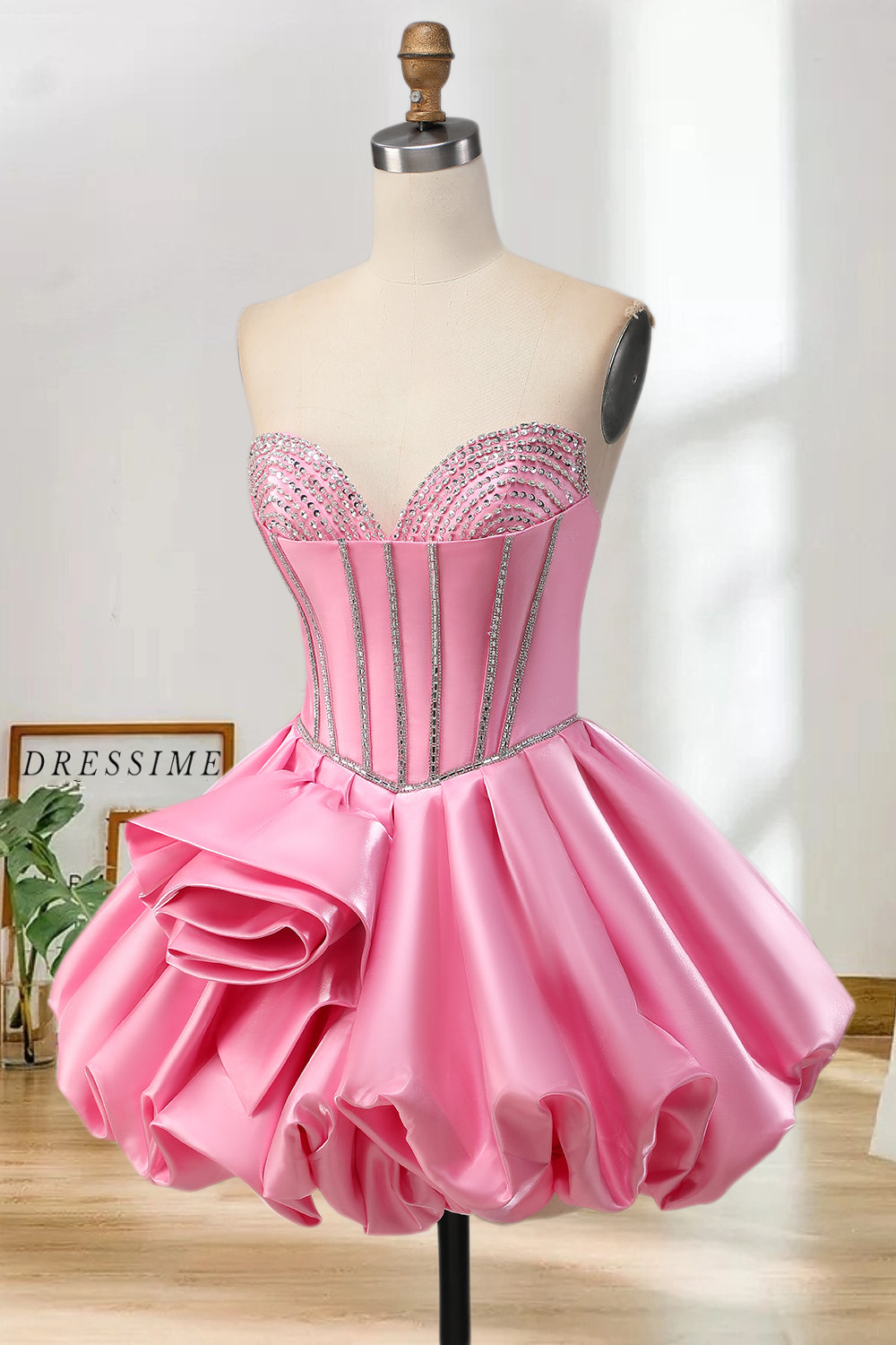 Dressime A Line Sweetheart Satin Rhinestones Bubble Mini Homecoming Dress