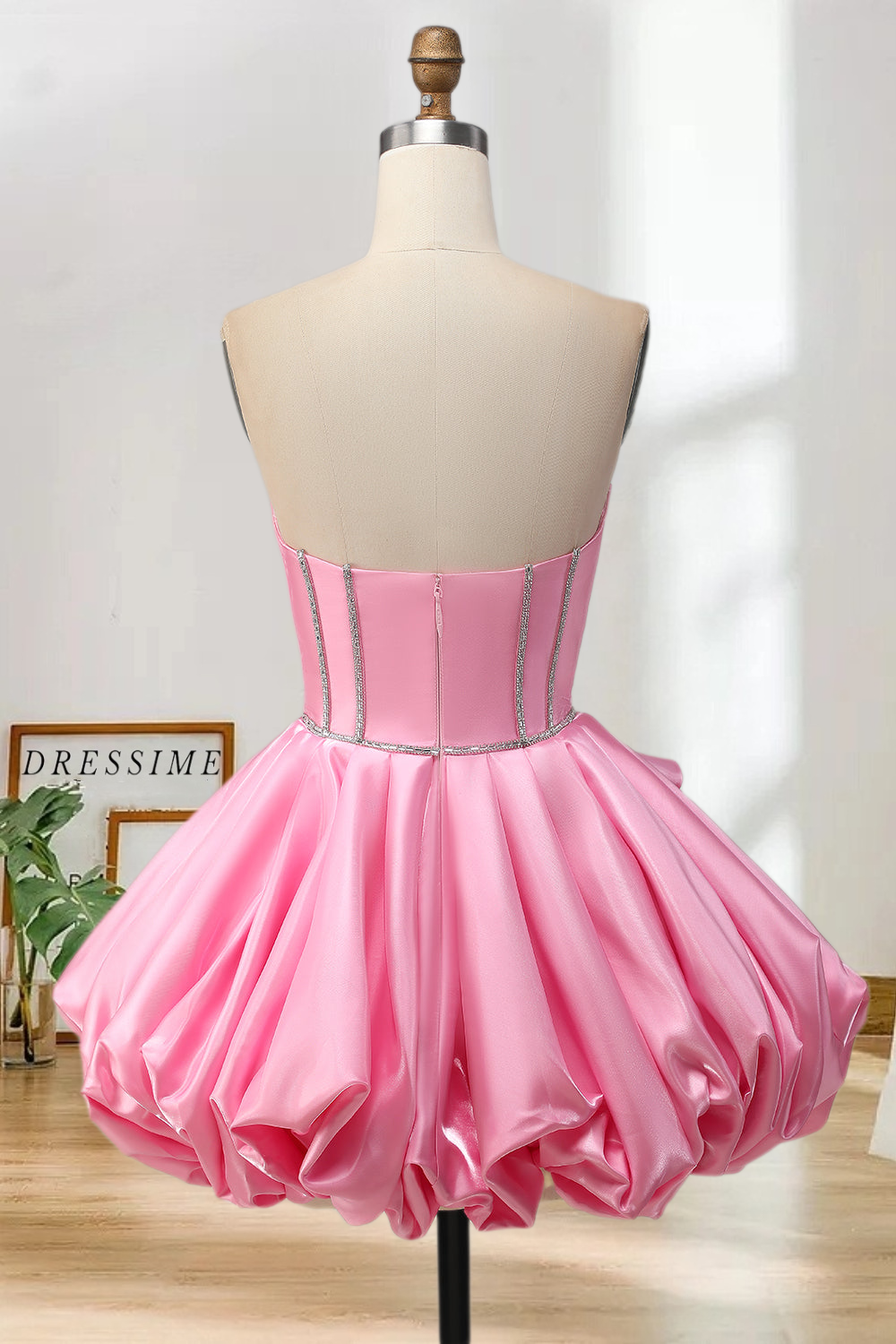 Dressime A Line Sweetheart Satin Rhinestones Bubble Mini Homecoming Dress