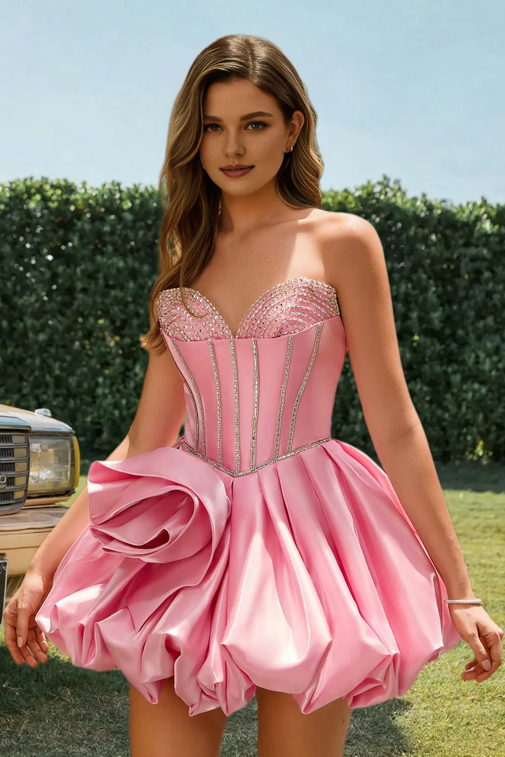 Dressime A Line Sweetheart Satin Rhinestones Bubble Mini Homecoming Dress