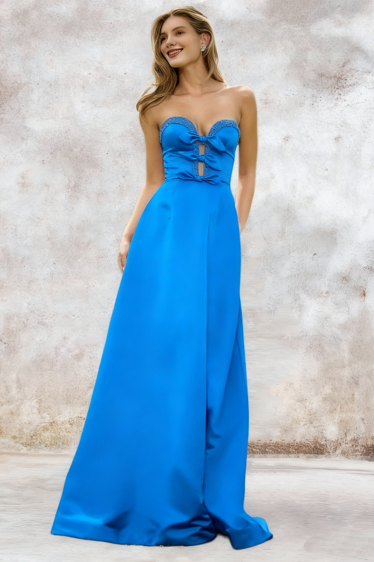 Dressime A Line Sweetheart Satin Slit Beaded Prom Dress With Bow