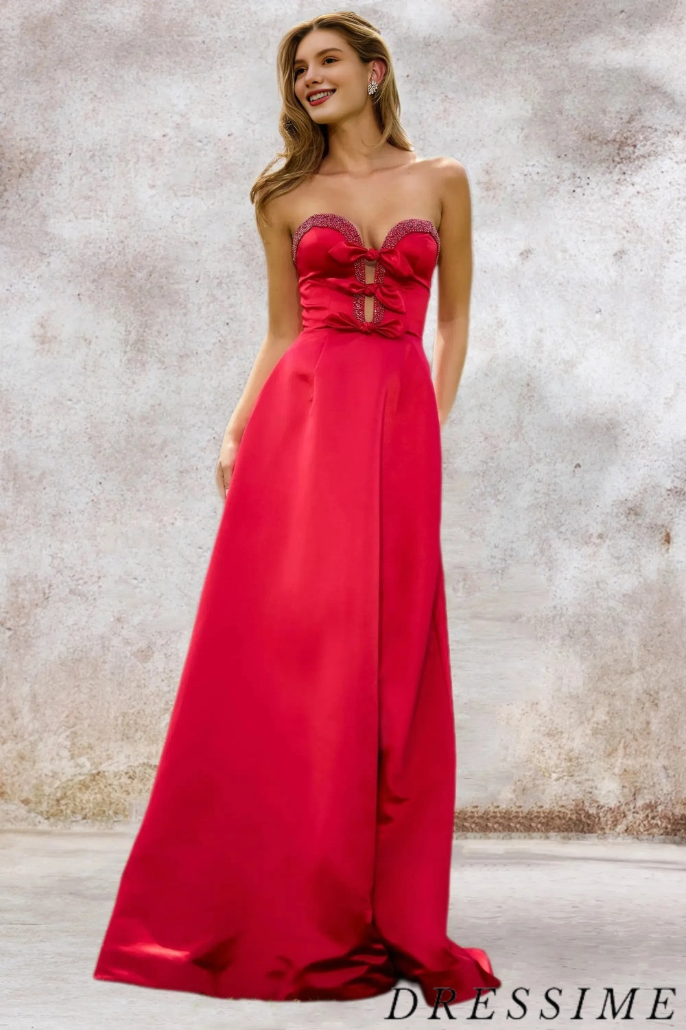 Dressime Women Red Prom Dress A Line Sweetheart Satin Slit Beaded Formal Dress With Bow dressime Dressime Women Red Prom Dress A Line Sweetheart Satin Slit Beaded Formal Dress With Bow dressime