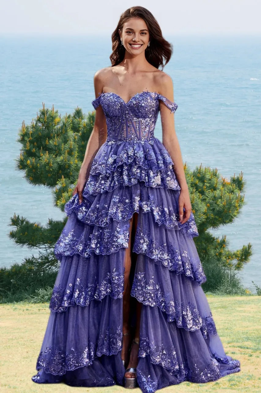 Dressime A Line Sweetheart Sequin Embroidery Tiered Long Prom Dress with Slit