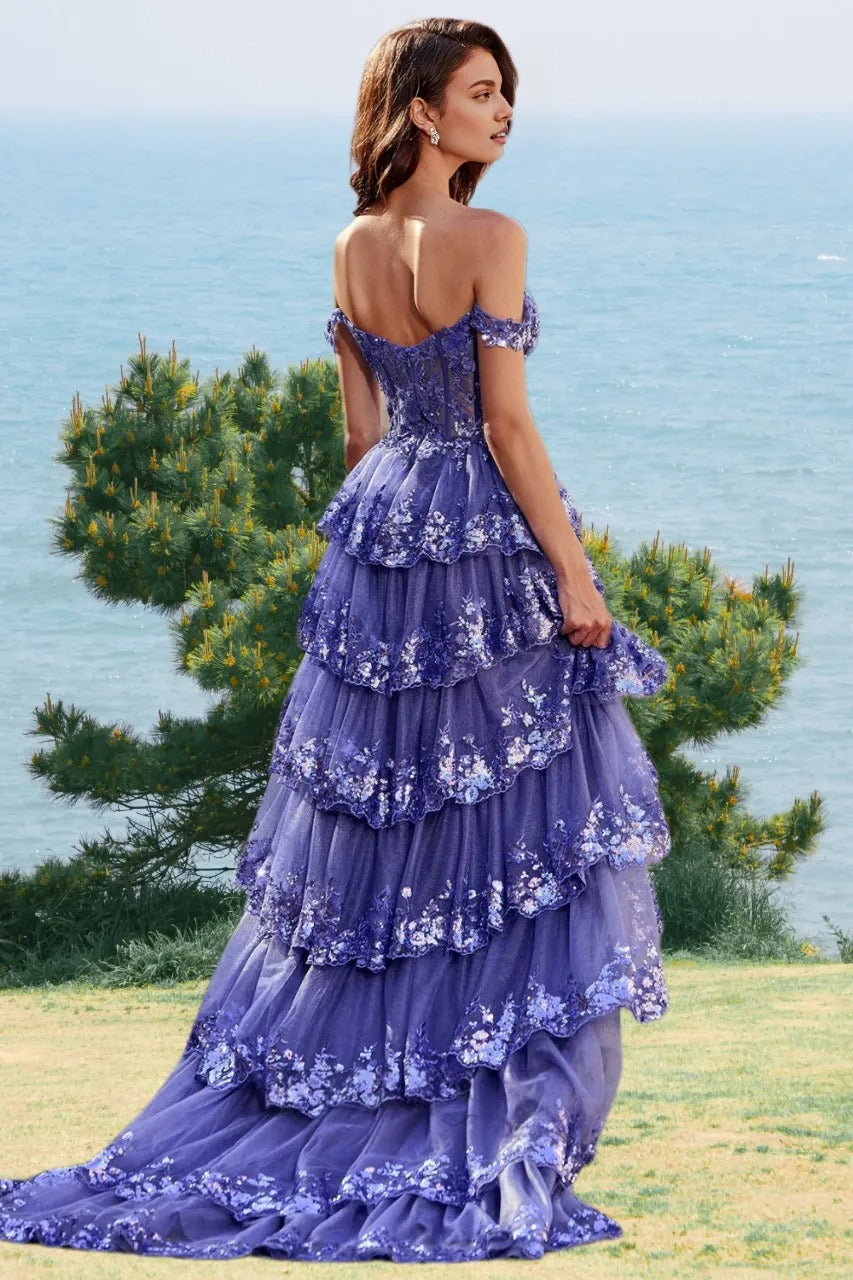 Dressime A Line Sweetheart Sequin Embroidery Tiered Long Prom Dress with Slit