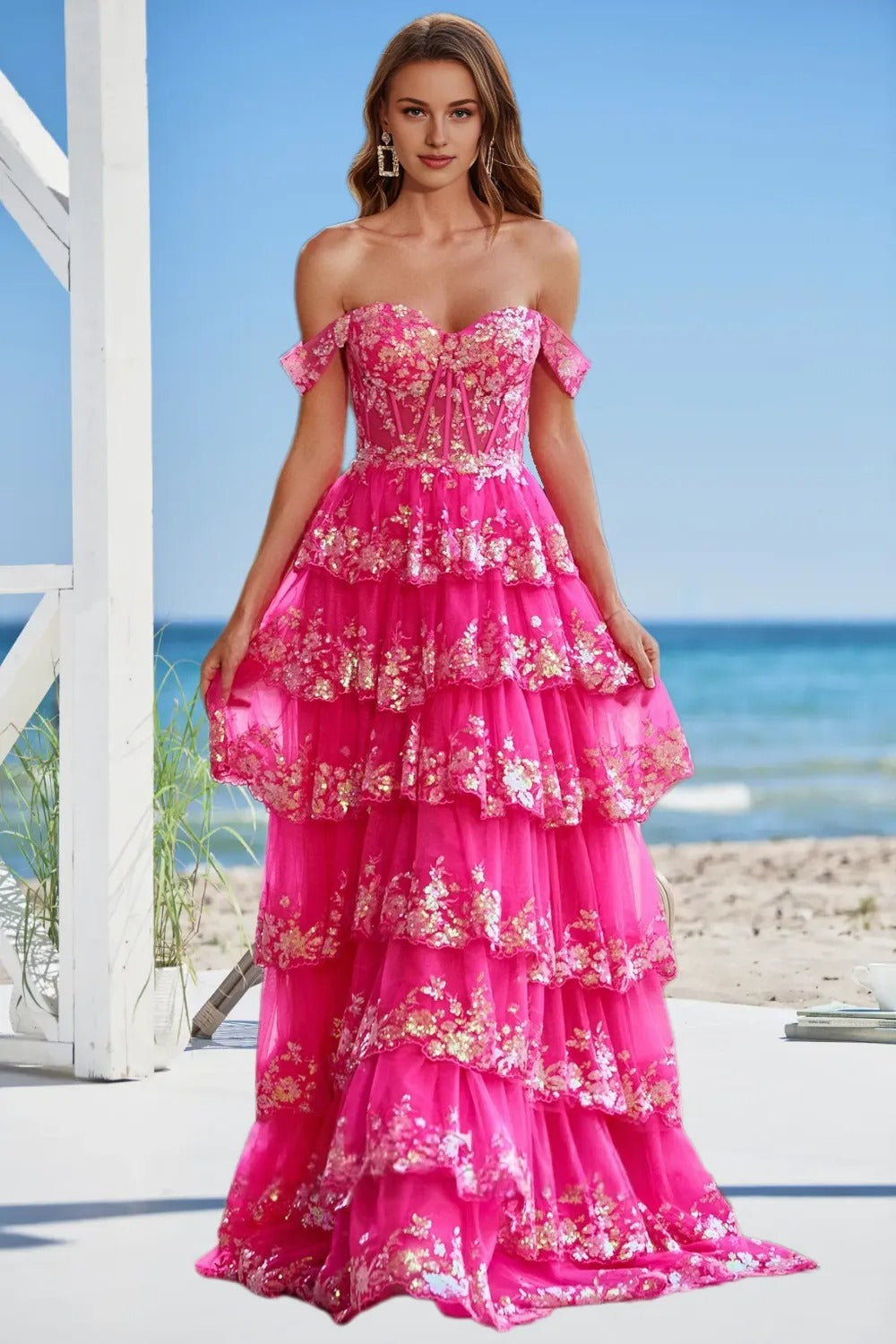 Dressime A Line Sweetheart Sequin Embroidery Tiered Long Prom Dress with Slit