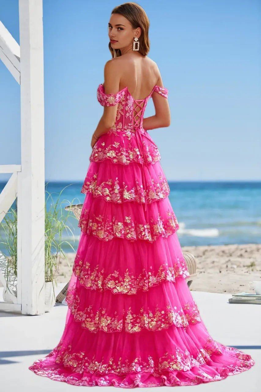 Dressime A Line Sweetheart Sequin Embroidery Tiered Long Prom Dress with Slit