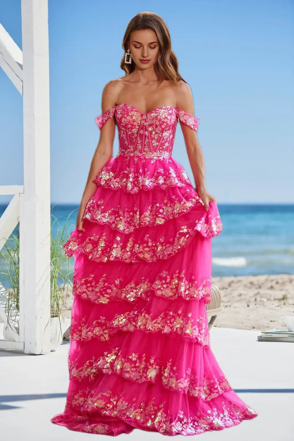 Dressime A Line Sweetheart Sequin Embroidery Tiered Long Prom Dress with Slit