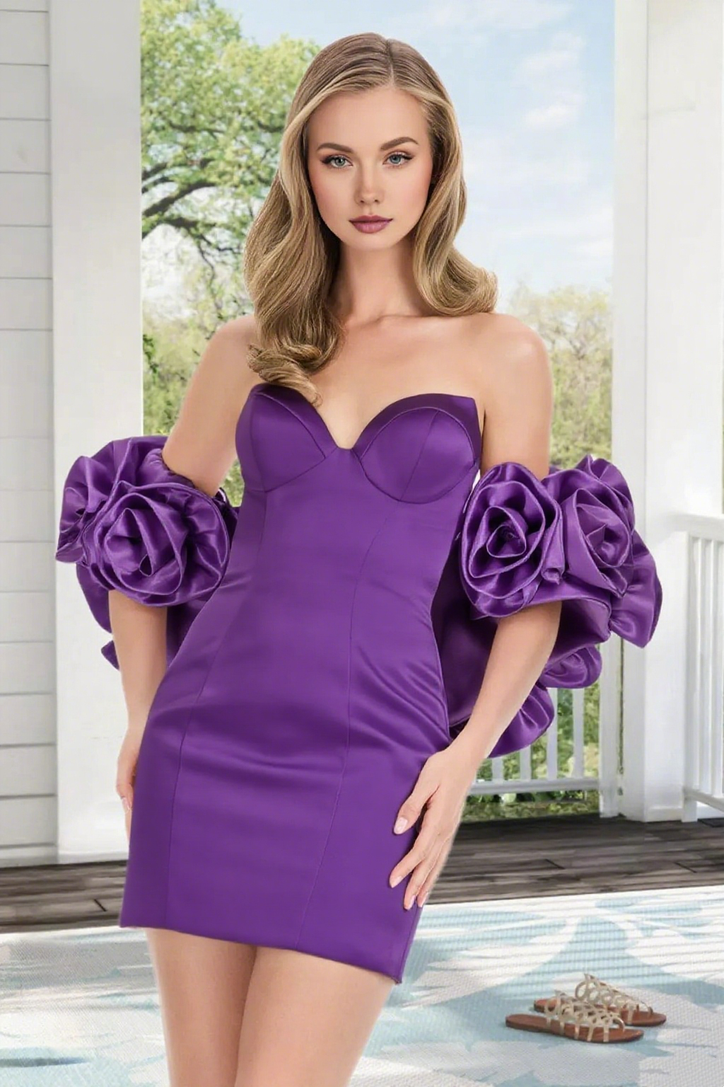 Dressime Bodycon Flowers Puff Sleeves Sweetheart Satin Mini Homecoming Dress