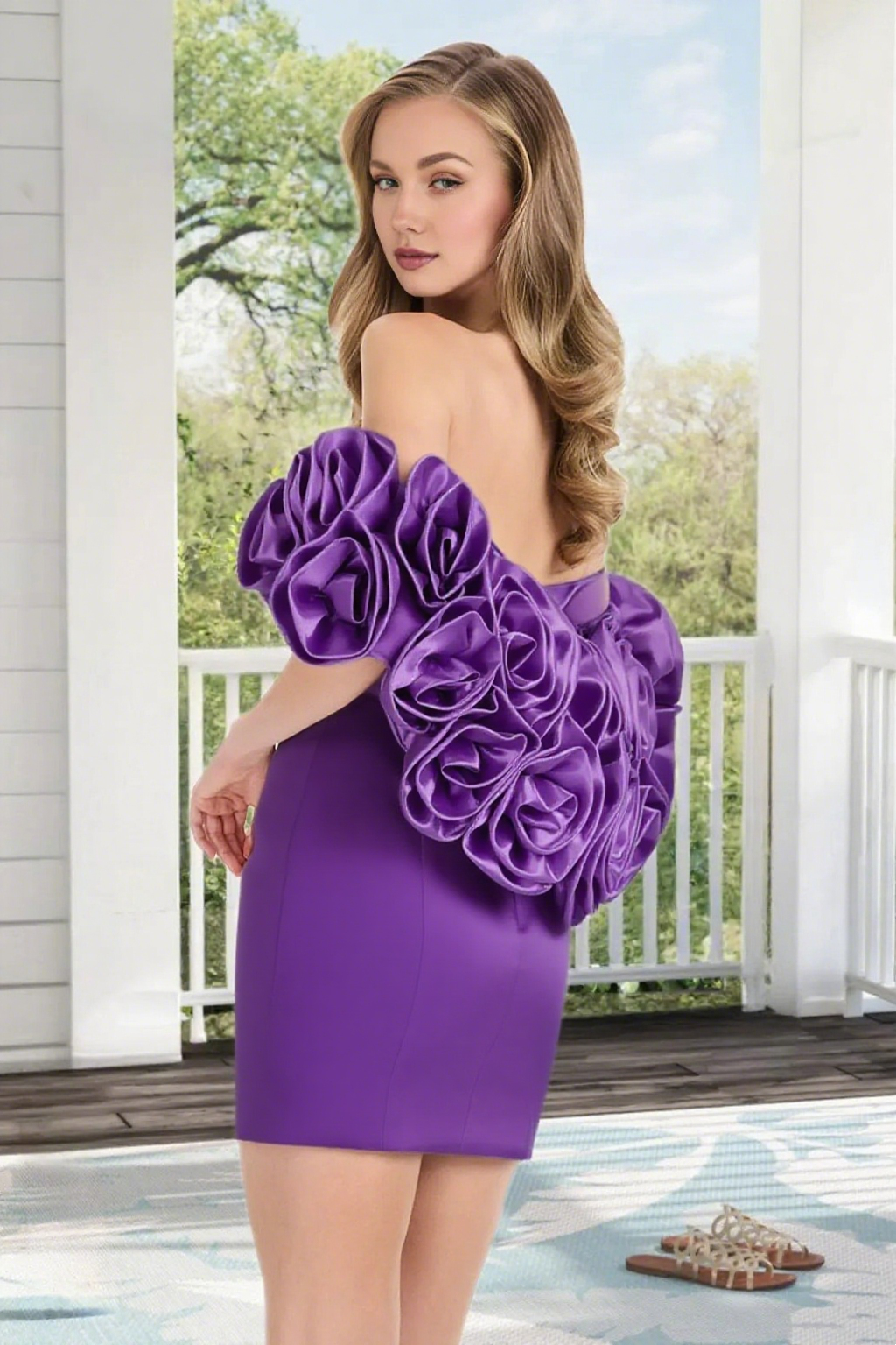 Dressime Bodycon Flowers Puff Sleeves Sweetheart Satin Mini Homecoming Dress