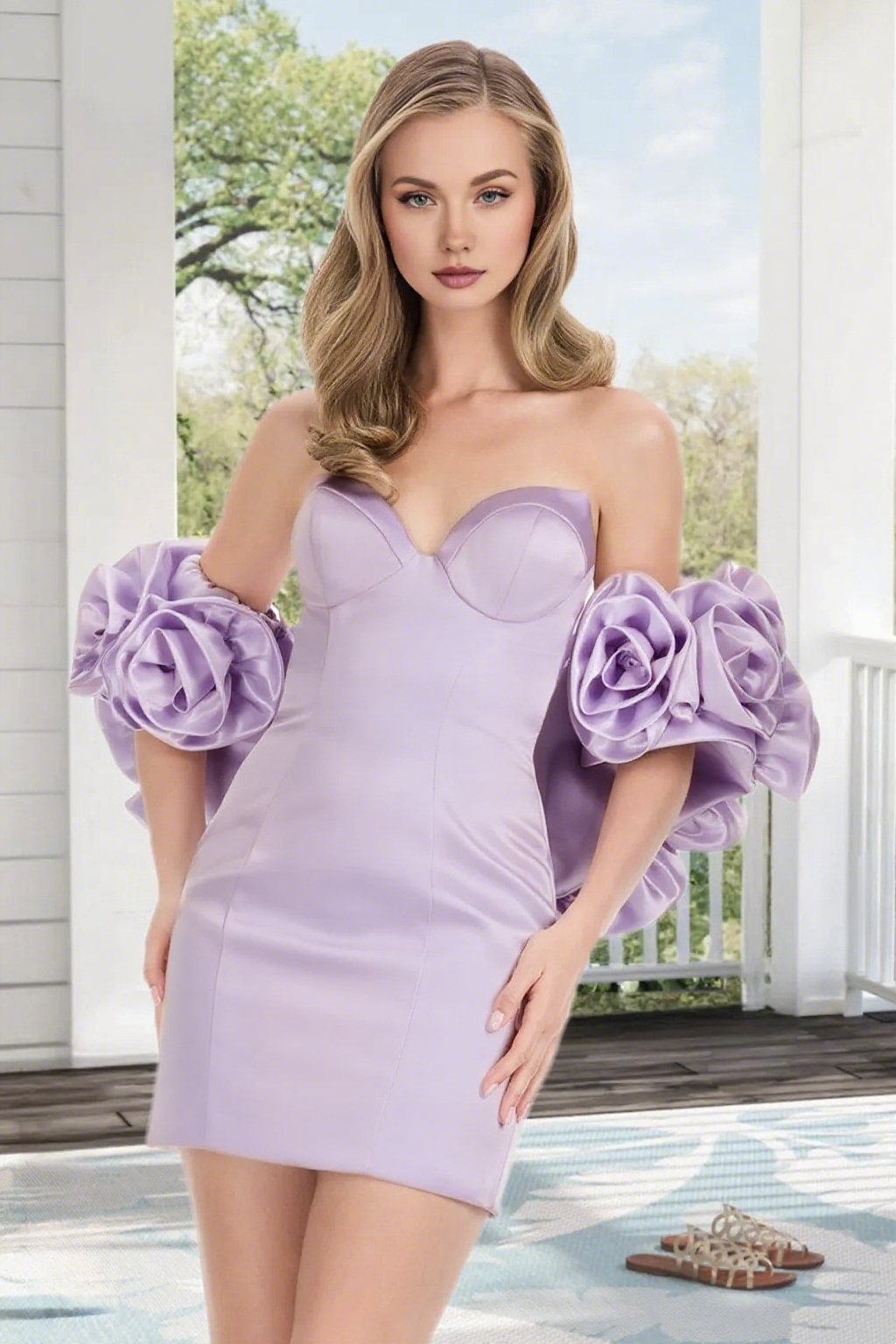 Dressime Bodycon Flowers Puff Sleeves Sweetheart Satin Mini Homecoming Dress