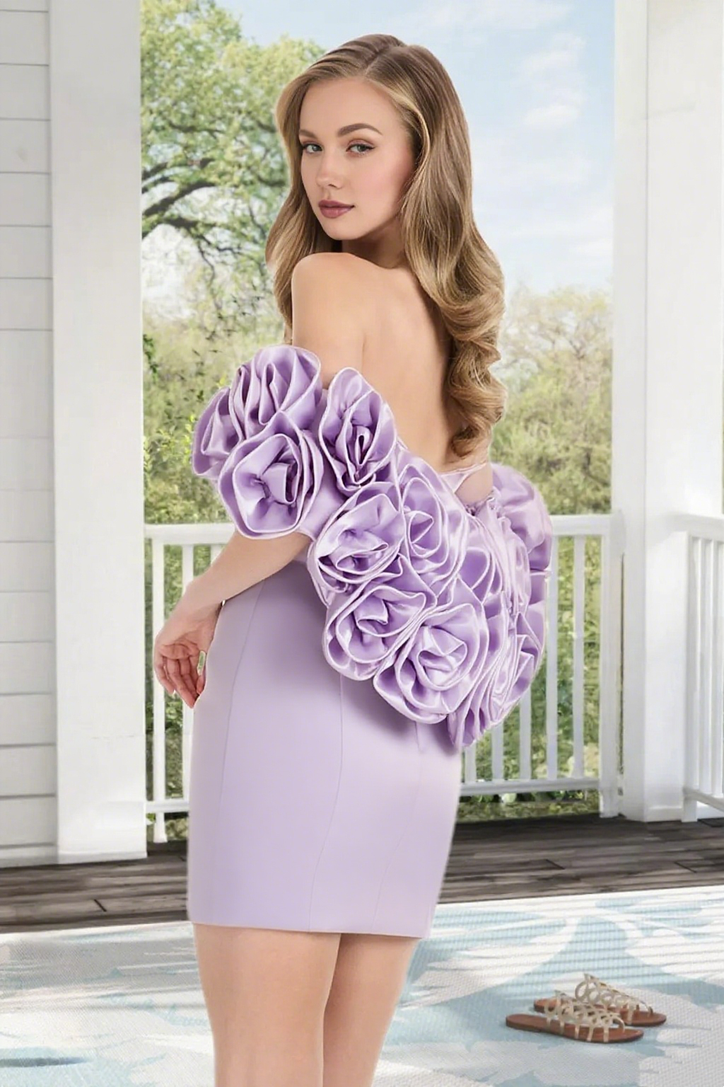 Dressime Bodycon Flowers Puff Sleeves Sweetheart Satin Mini Homecoming Dress