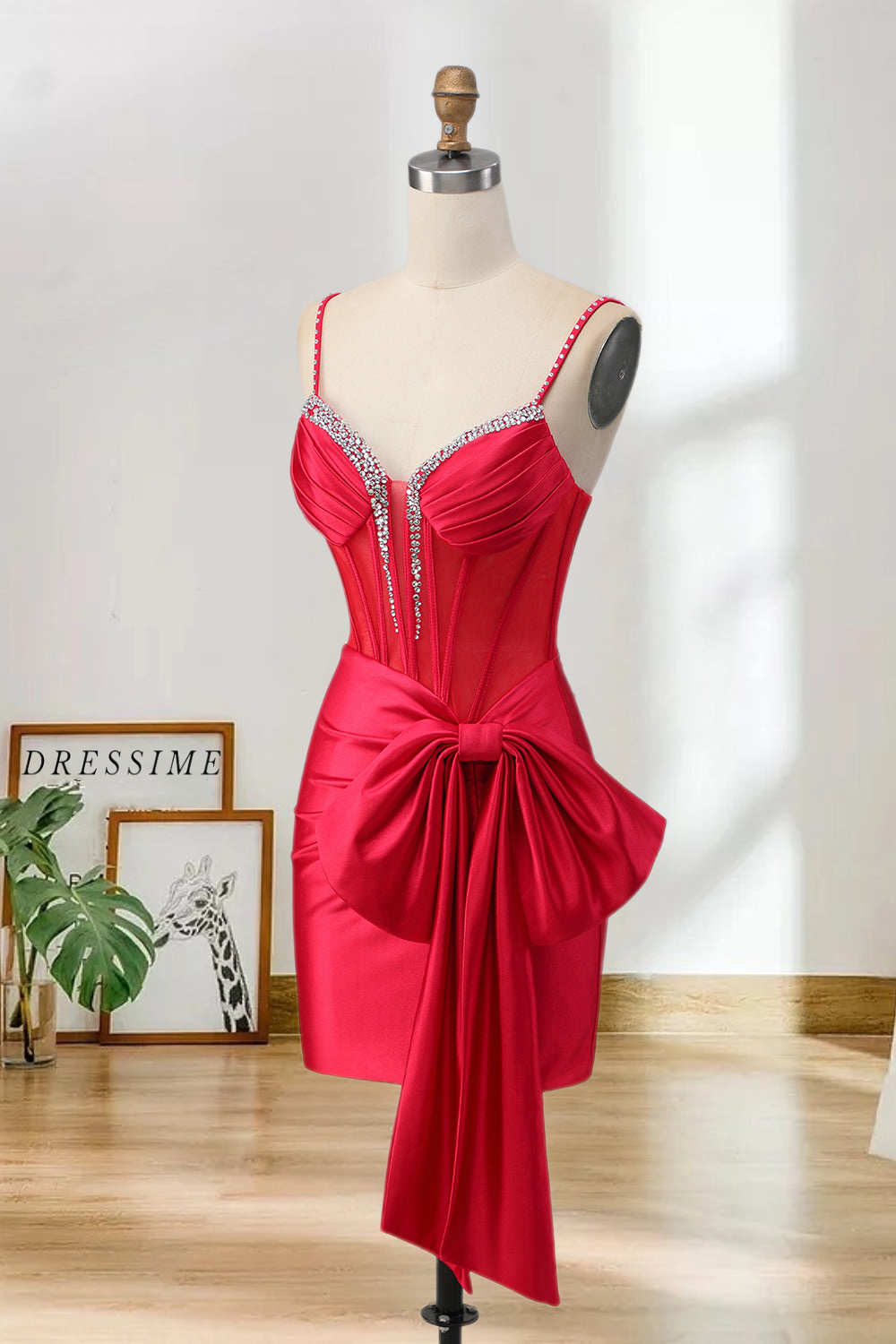 Dressime Bodycon Spaghetti Straps Beaded Corset Bow Mini Homecoming Dress