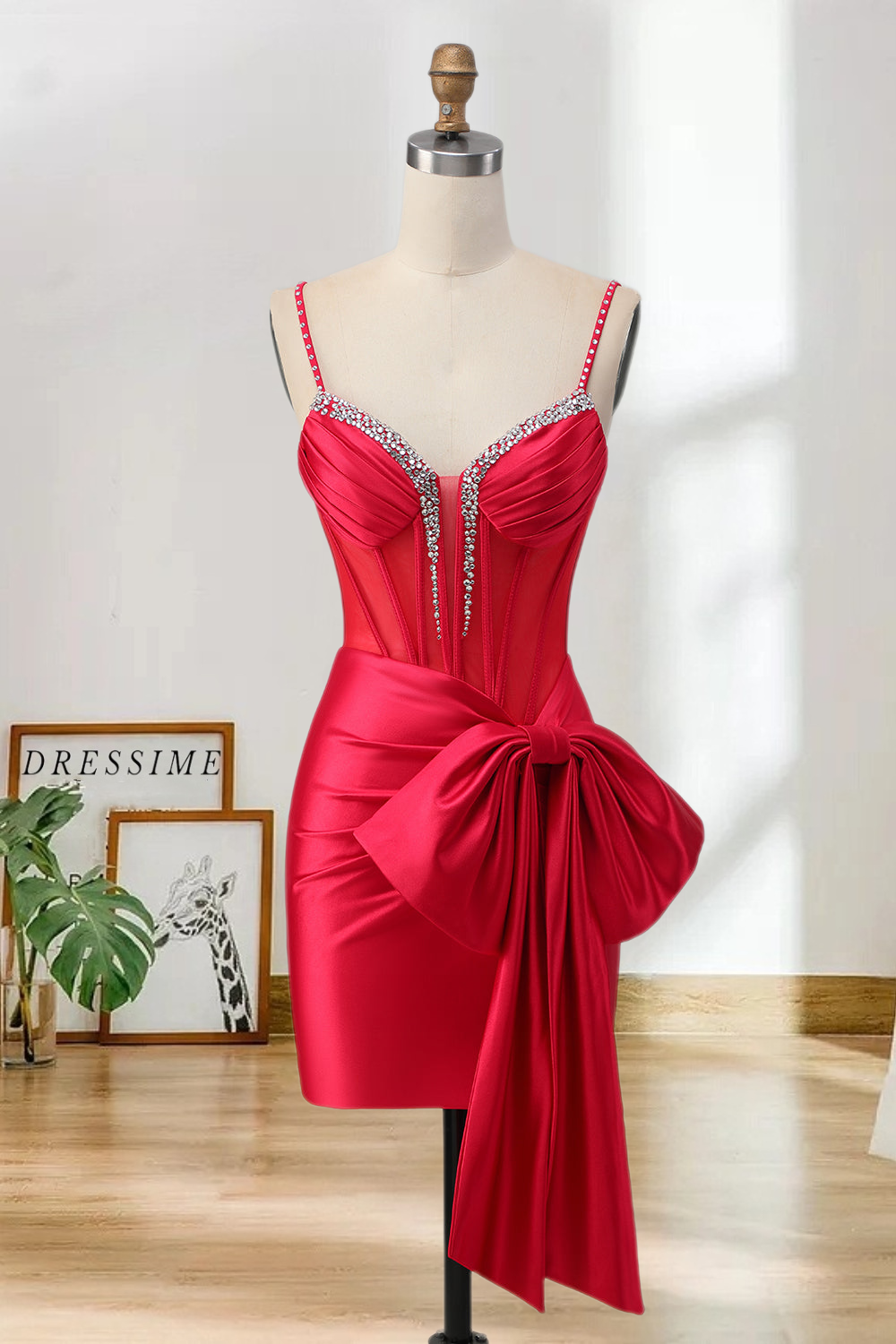 Dressime Bodycon Spaghetti Straps Beaded Corset Bow Mini Homecoming Dress