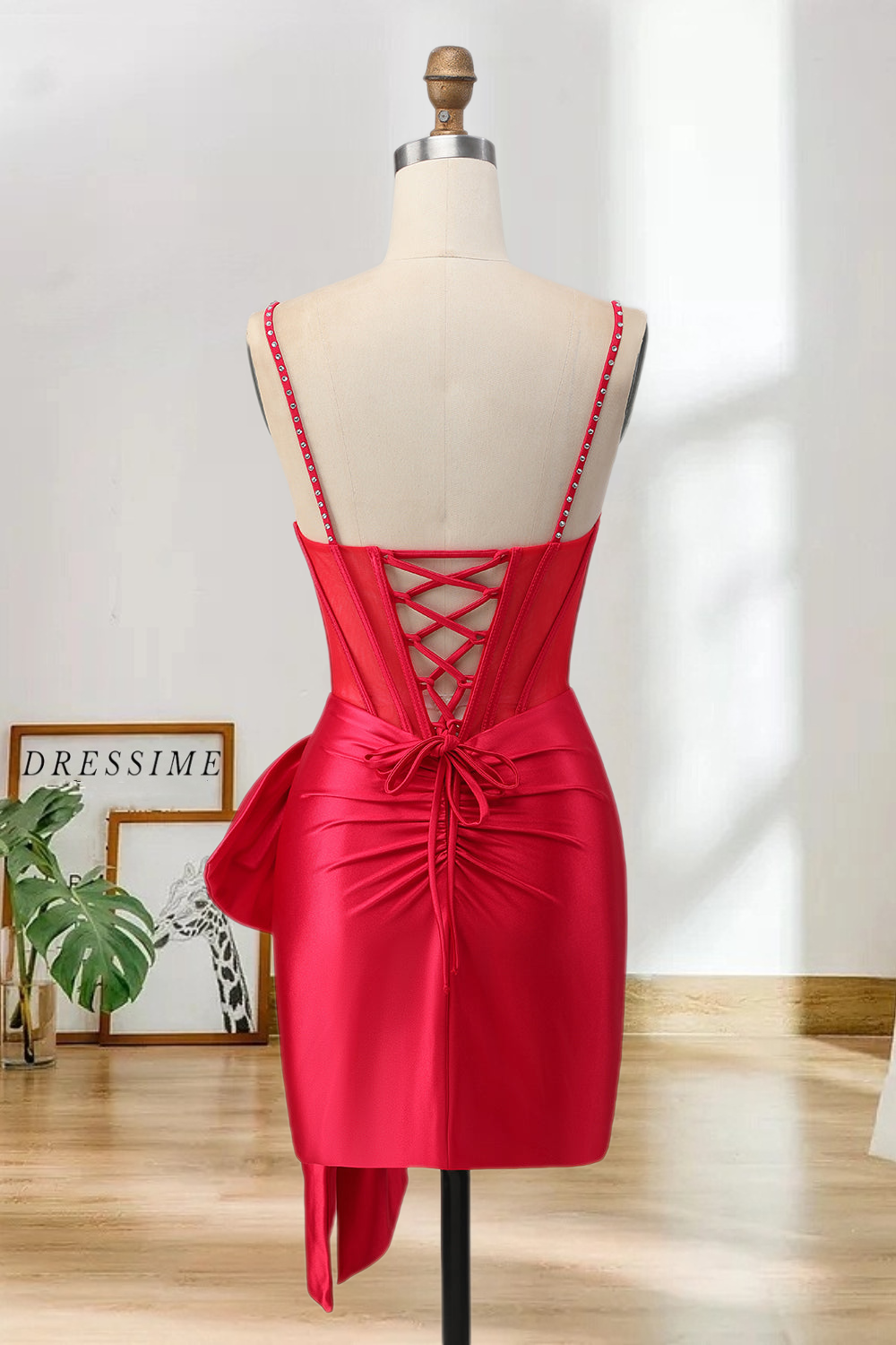 Dressime Bodycon Spaghetti Straps Beaded Corset Bow Mini Homecoming Dress