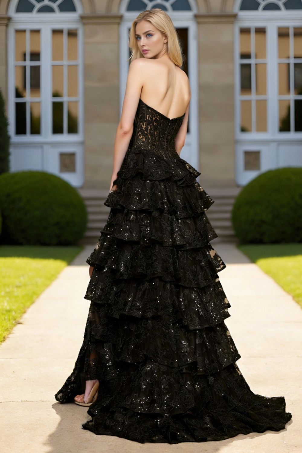 Dressime Brilliant A Line Sweetheart Corset Sequin Appliques Tiered Long Prom Dress With Ruffles