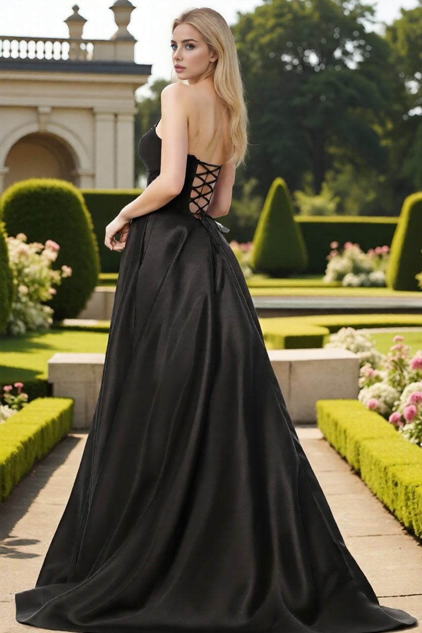 Dressime Chic A Line Strapless Corset Satin Slit Long Prom Dress With Keyhole