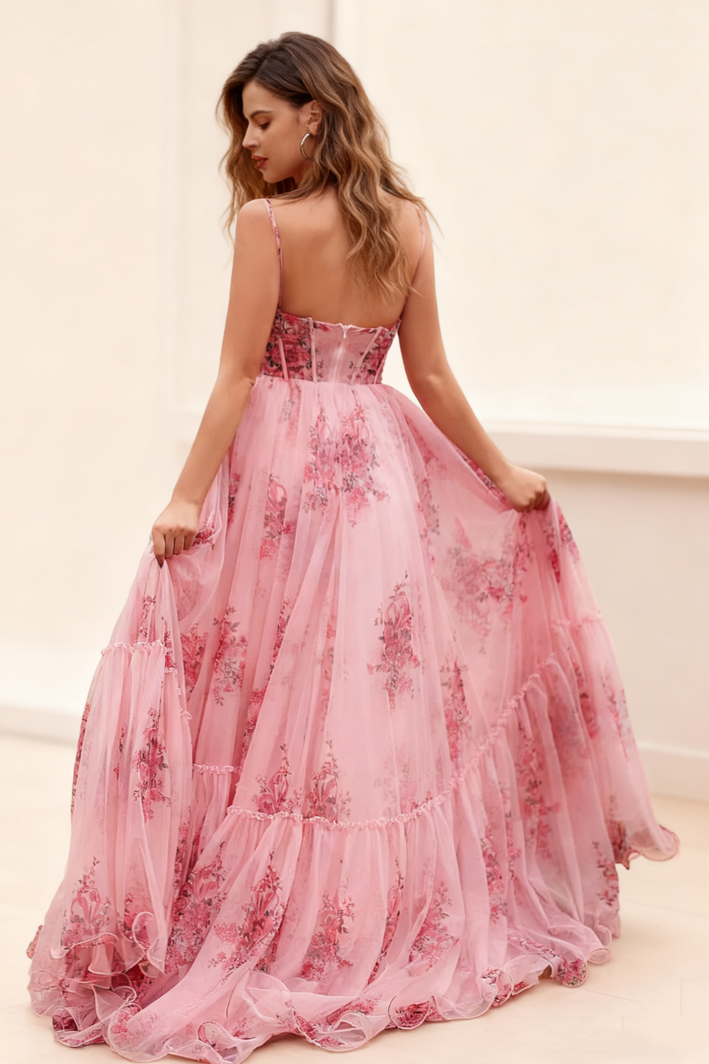 Dressime Chic A Line Straps Tulle Corset Printed Long Prom Dress