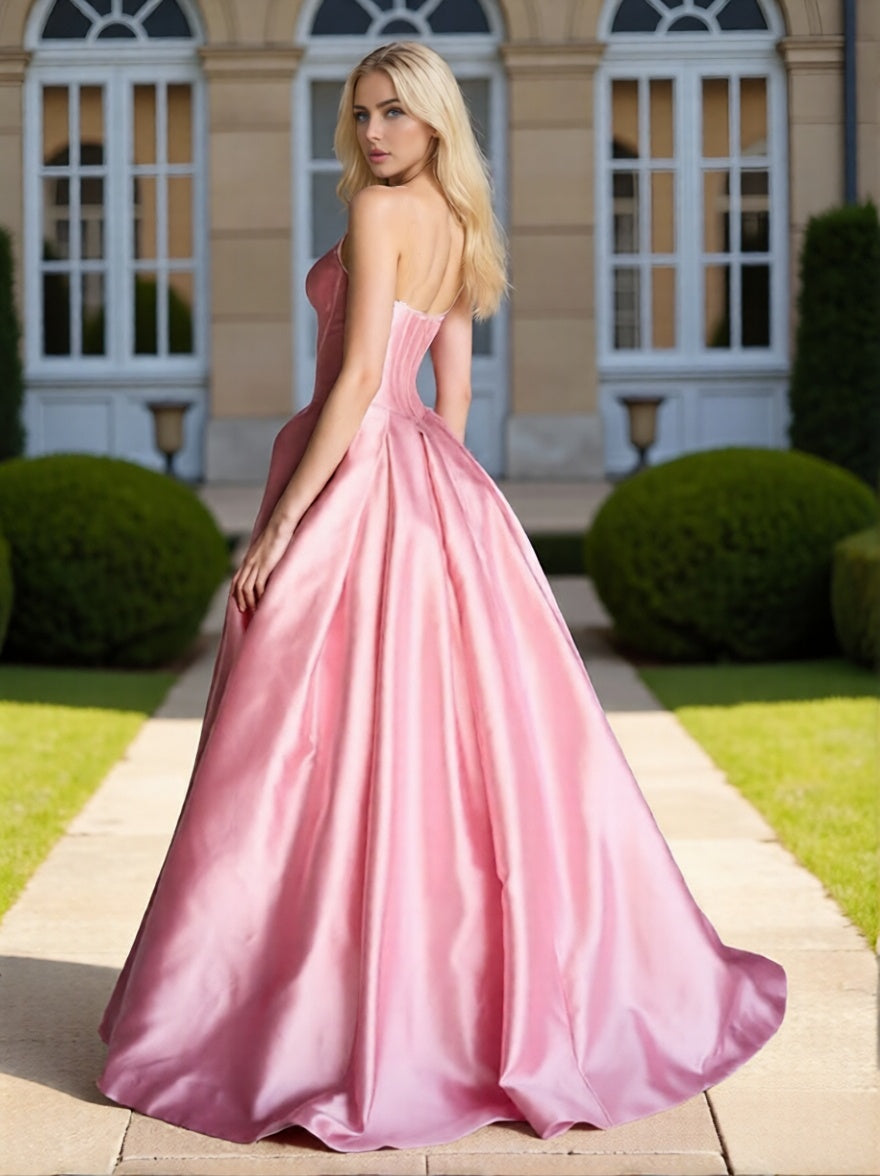 Dressime Classic A Line Strapless Corset Satin Bow Long Prom Dress With Keyhole