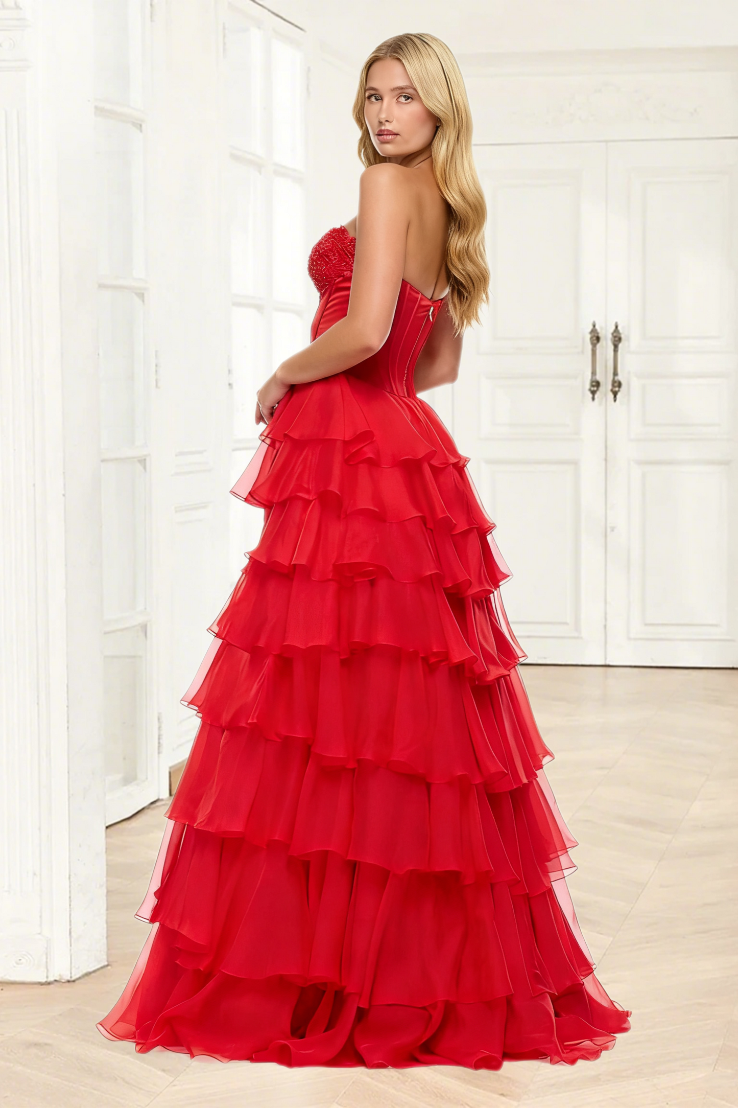 Dressime Classic A Line Sweetheart Corset Tiered Long Prom Dress With Appliques