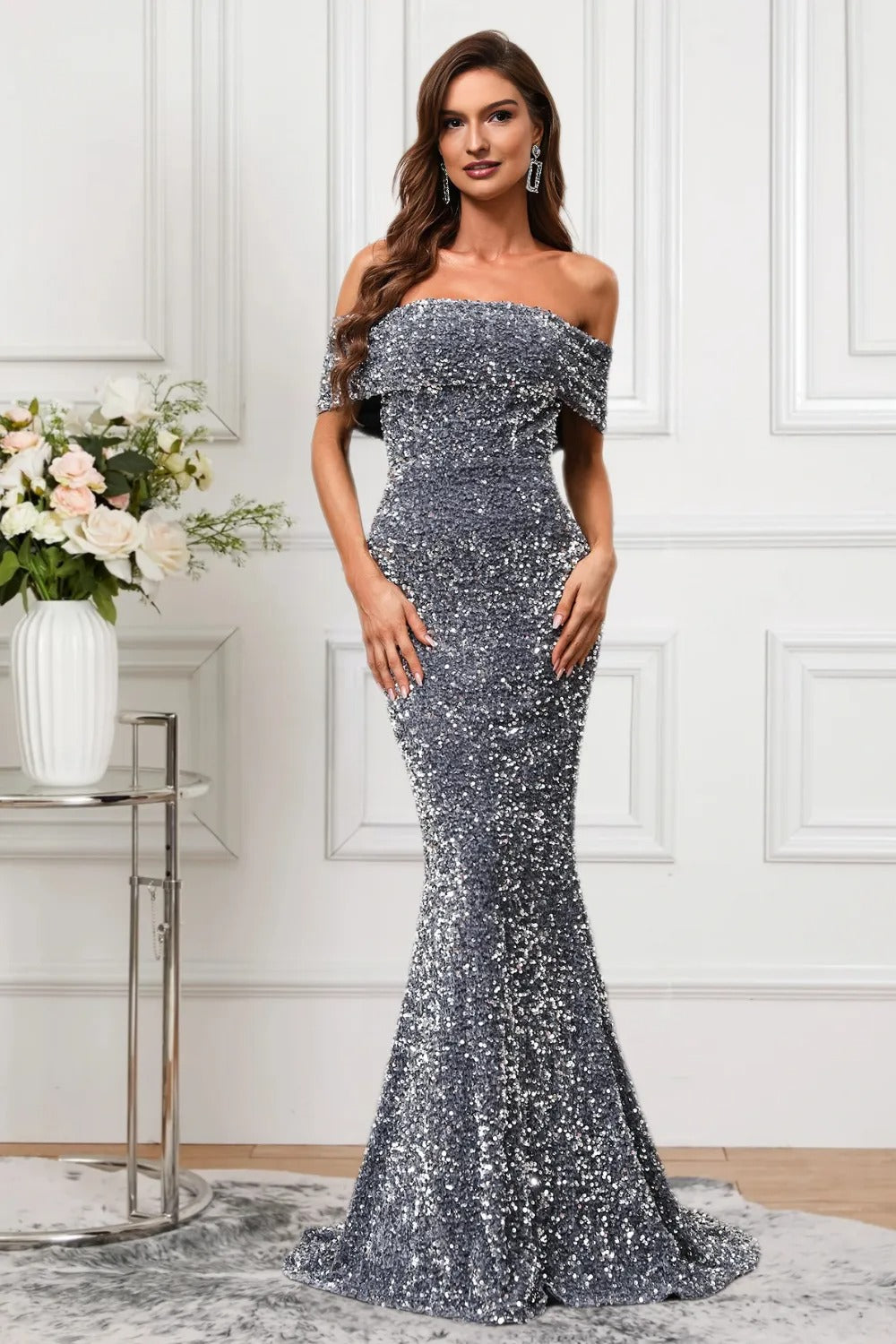 Dressime Women Grey Sequin Formal Dress Delicate Mermaid Off The Shoulder Sequin Prom Dress dressime Dressime Women Grey Sequin Formal Dress Delicate Mermaid Off The Shoulder Sequin Prom Dress dressime