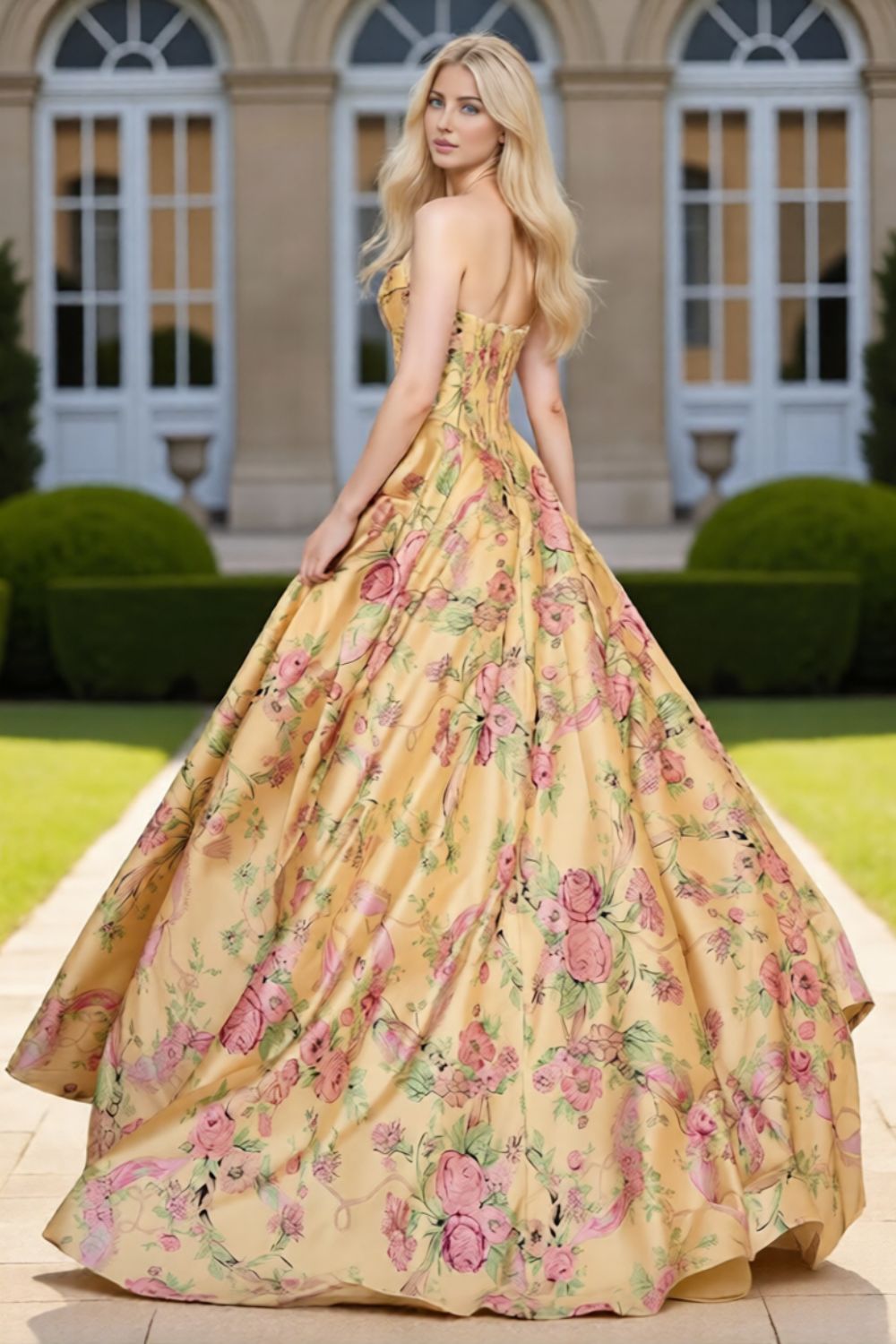 Dressime Dreamy A Line Strapless Floral Printed Corset Long Prom Dress with Slit