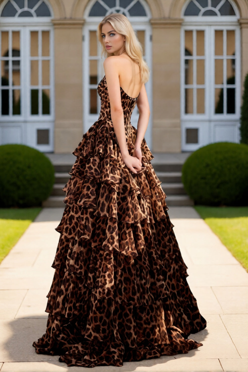 Dressime Dreamy A Line Sweetheart Corset Leopard Printed Ruffles Slit Long Tiered Prom Dress