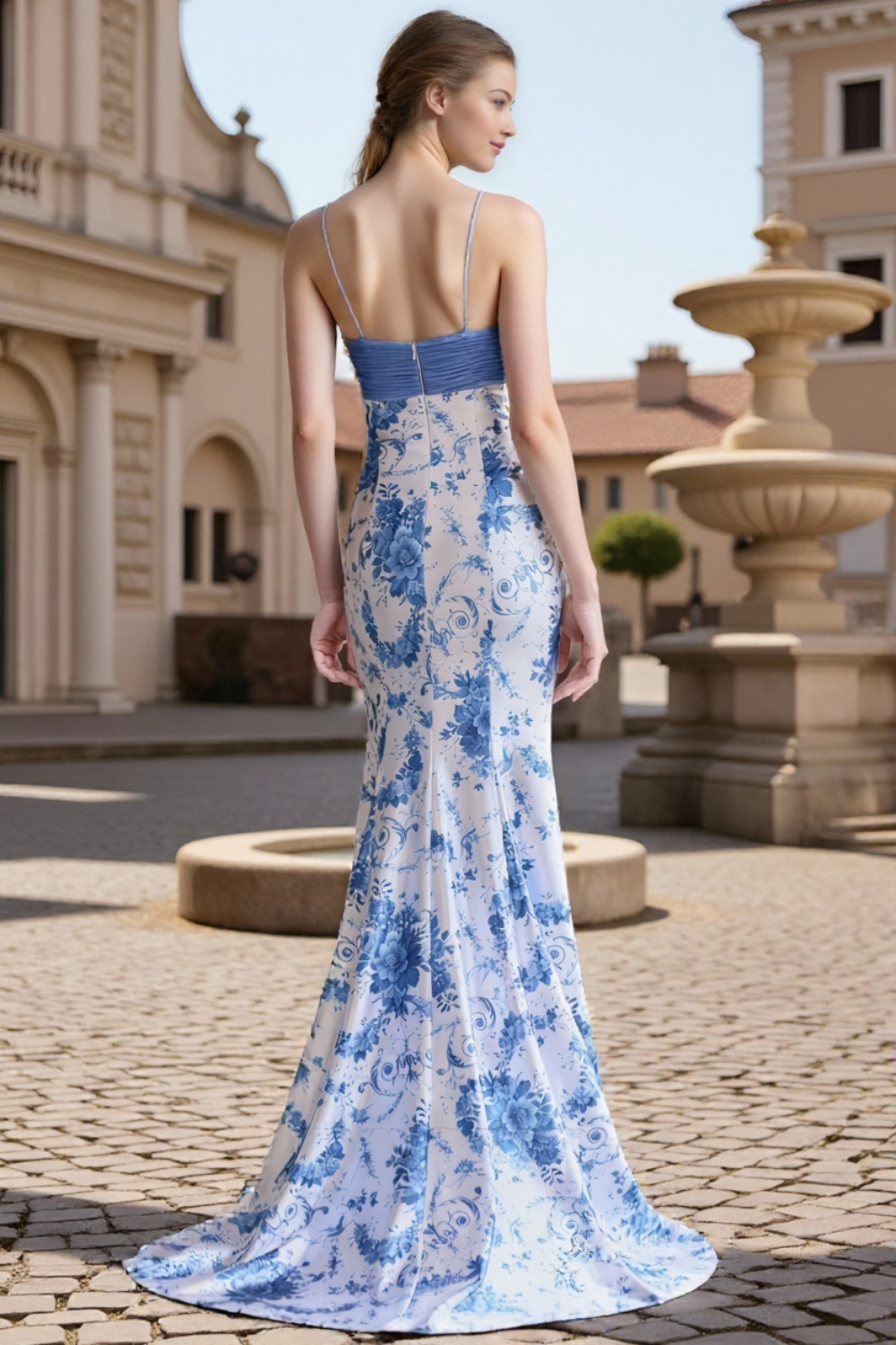 Dressime Dreamy Mermaid Spaghetti Straps Floral Printed Long Tiered Prom Dress With Bow