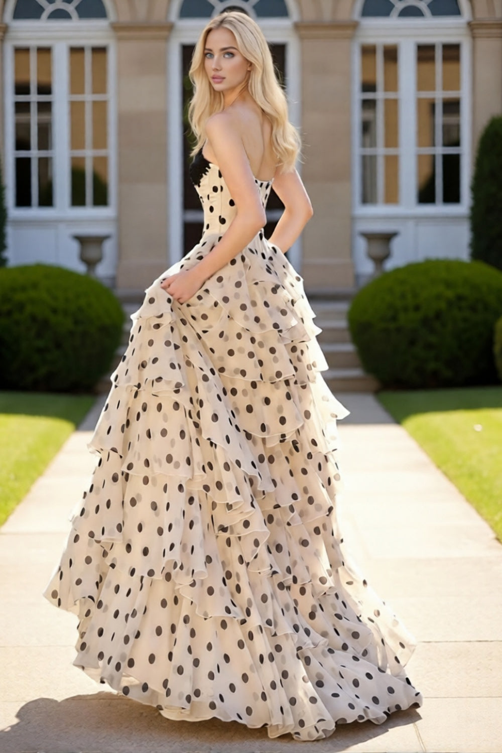 Dressime Elegant A Line Sweetheart Corset Polka Dots Slit Long Tiered Prom Dress With Appliques