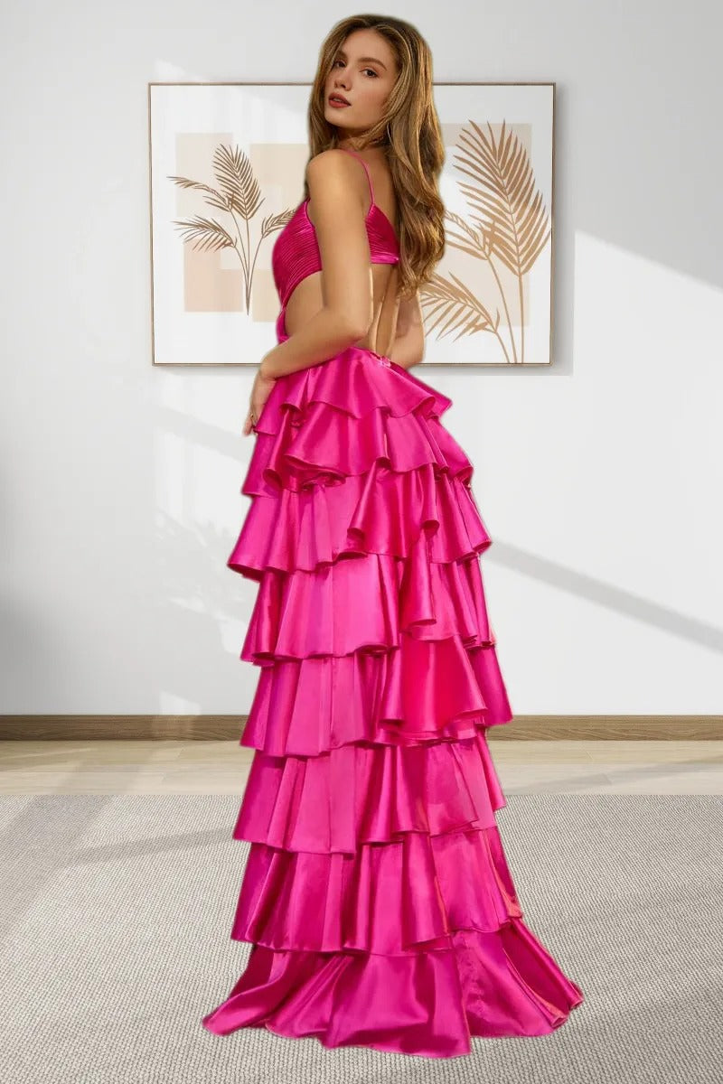 Dressime Elegant A Line V Neck Cutout Satin Tiered Slit Prom Dress