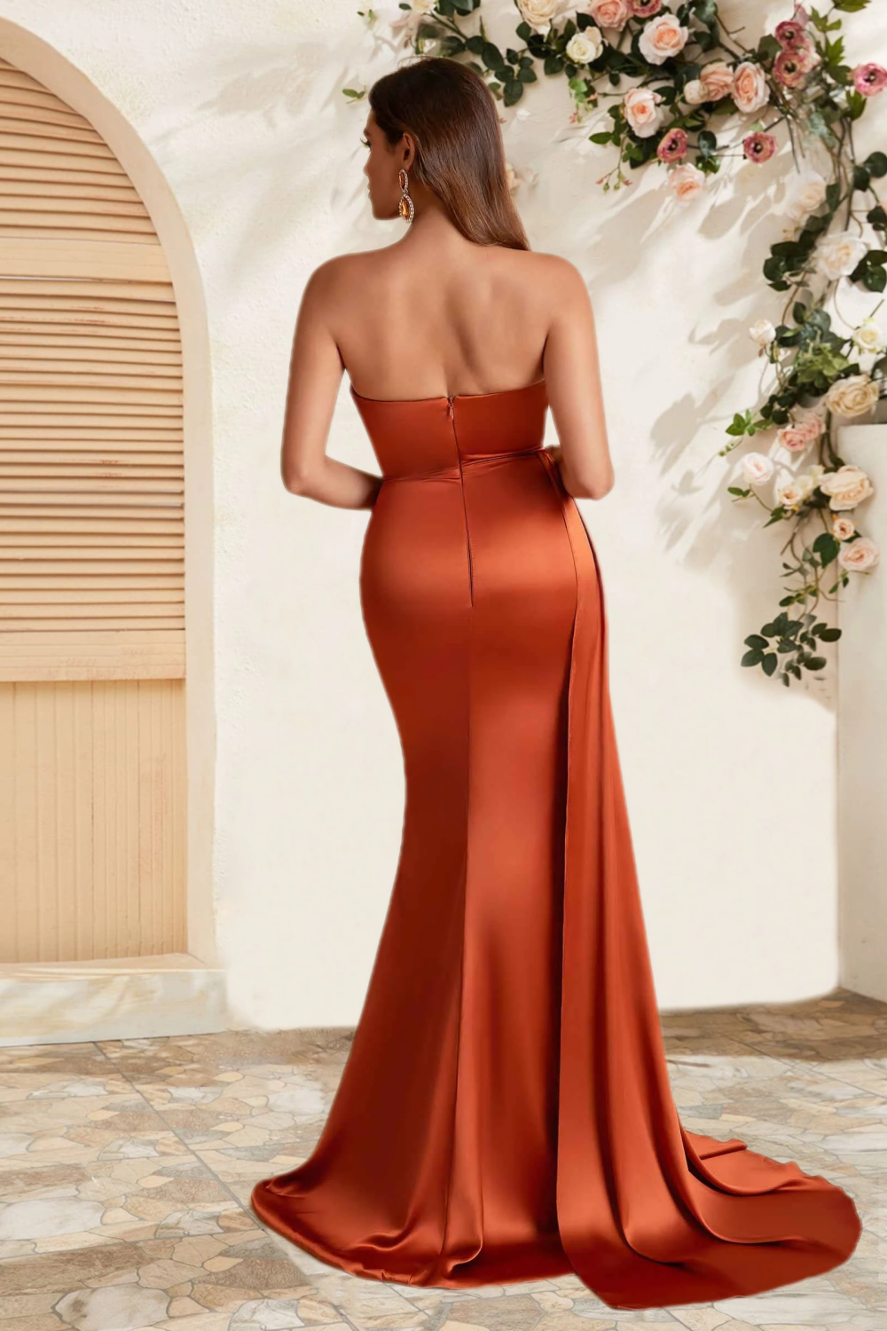 Dressime Elegant Mermaid Satin Strapless Side Slit Long Bridesmaid Dress
