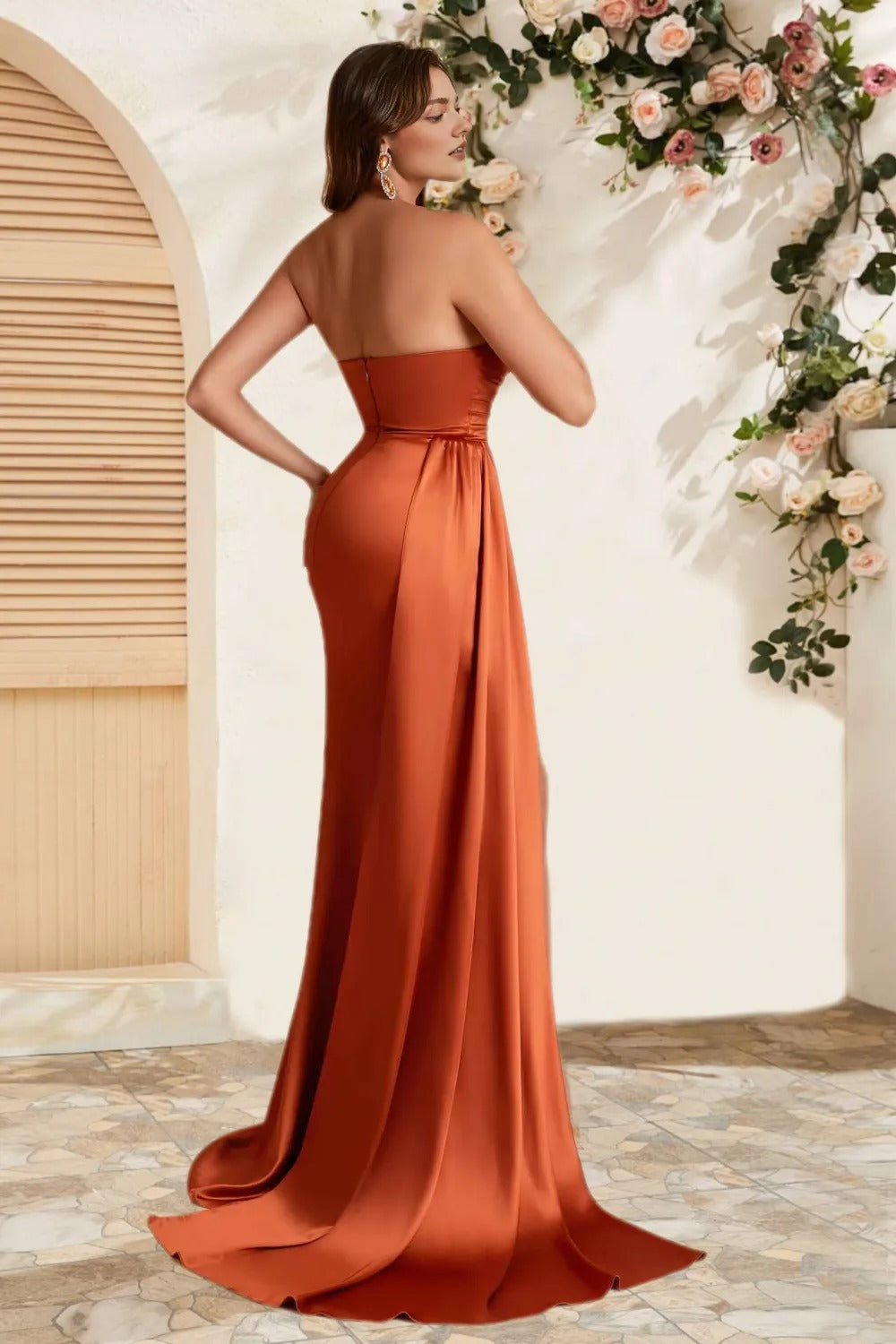 Dressime Elegant Mermaid Satin Strapless Side Slit Long Bridesmaid Dress